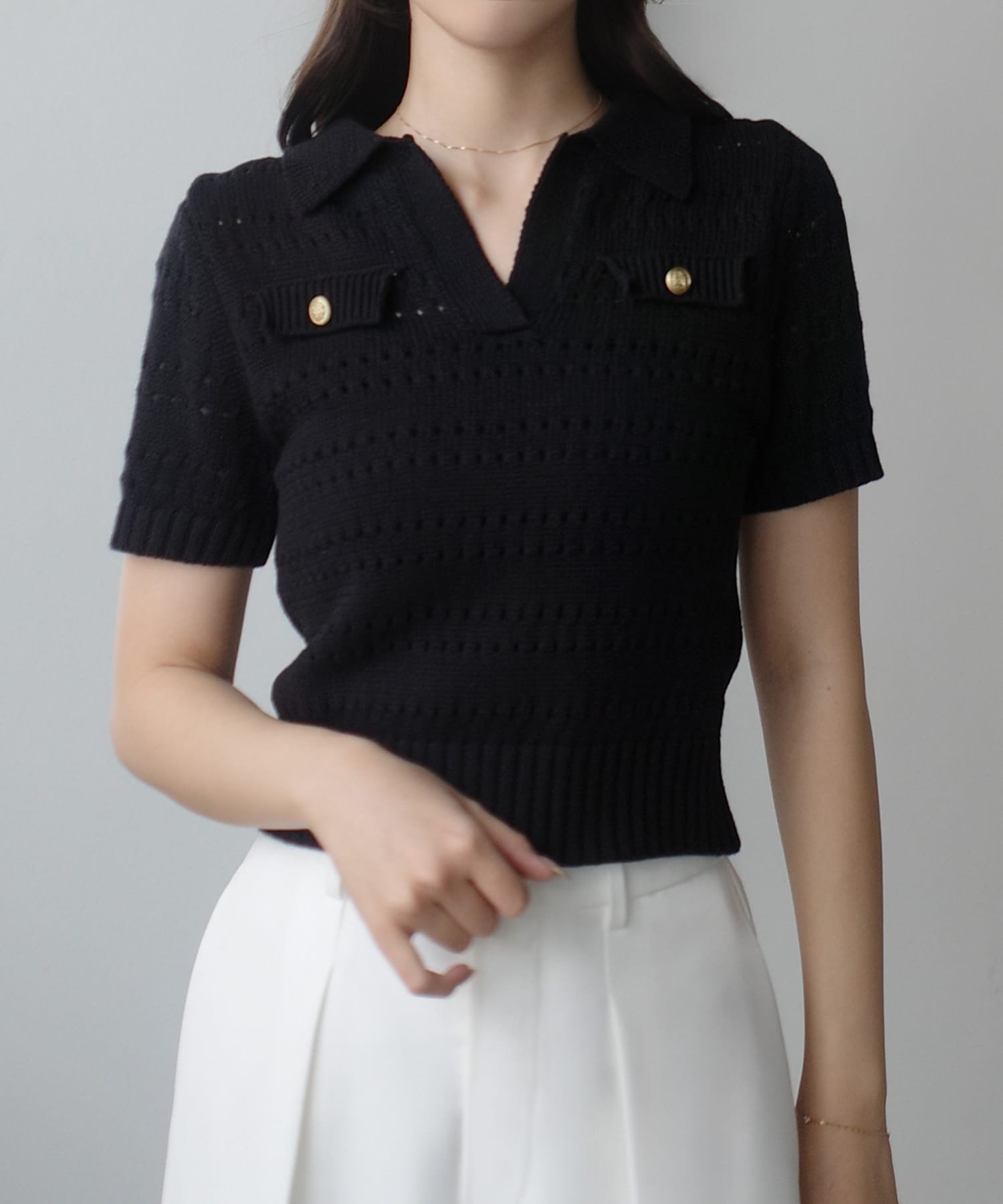 【SALE／26%OFF】JUNOAH Louere スキッパー透かしあみポロニット ジュノア トップス ポロシャツ ホワイト ブラック【送料無料】（楽天・Rakuten Fashion）
