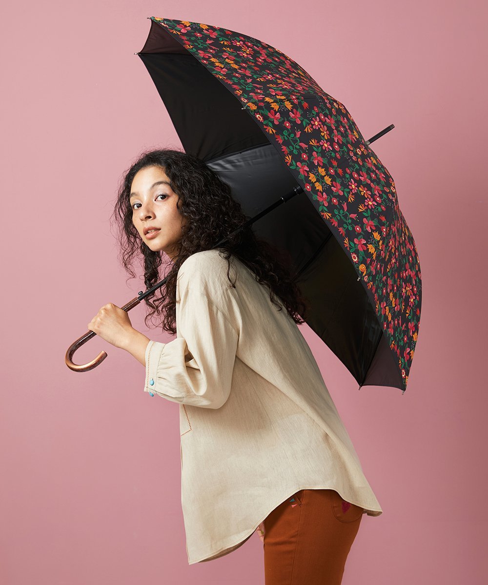 Jocomomola 【晴雨兼用・UVカット】フラワーモチーフプリント長傘 ホコモモラ ファッション雑貨 傘・長傘 ブラック【送料無料】