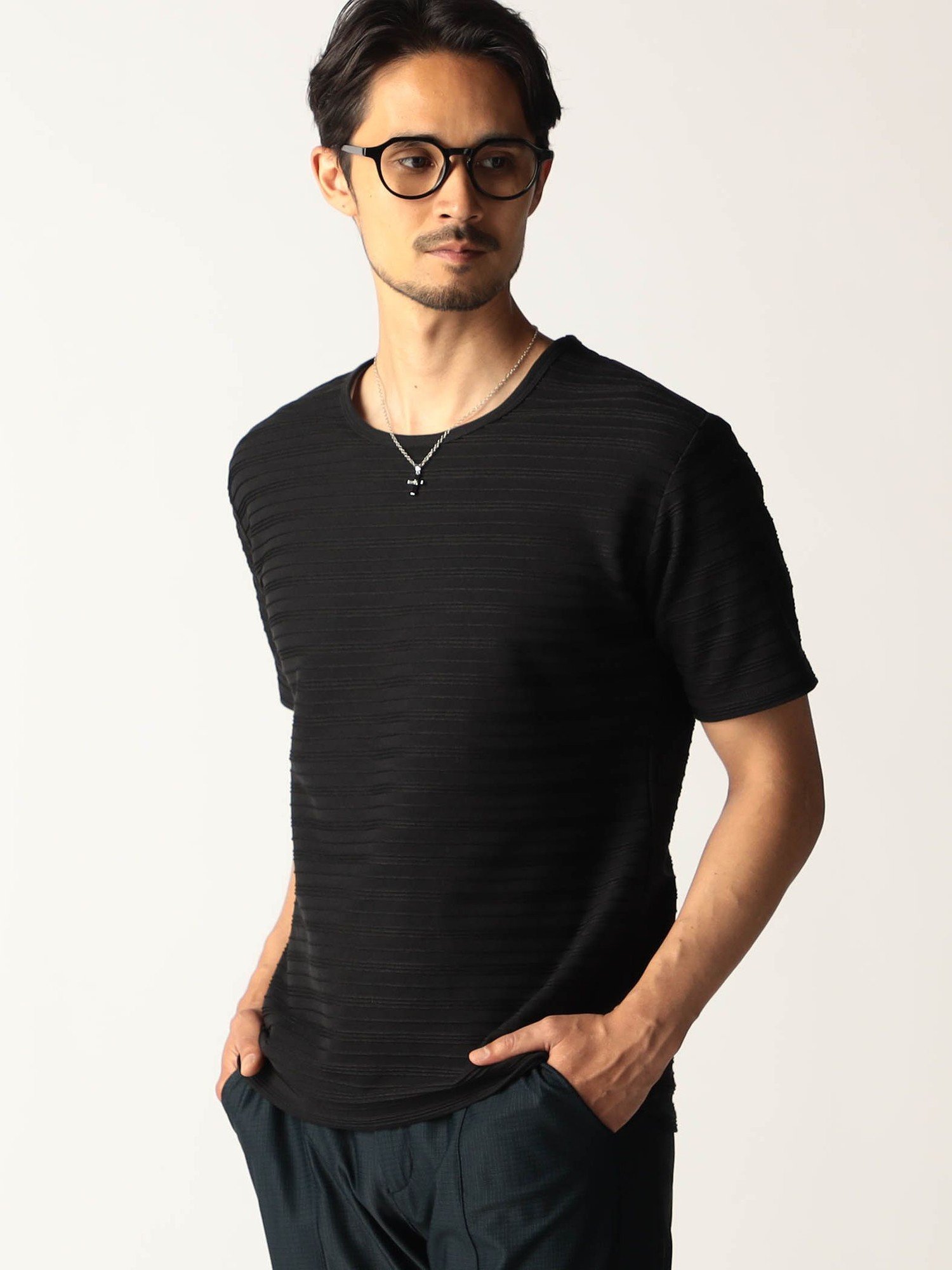 NICOLE CLUB FOR MEN タックボーダークルーネック半袖プルオーバー ニコル トップス カットソー・Tシャツ ブラック ホワイト ネイビー