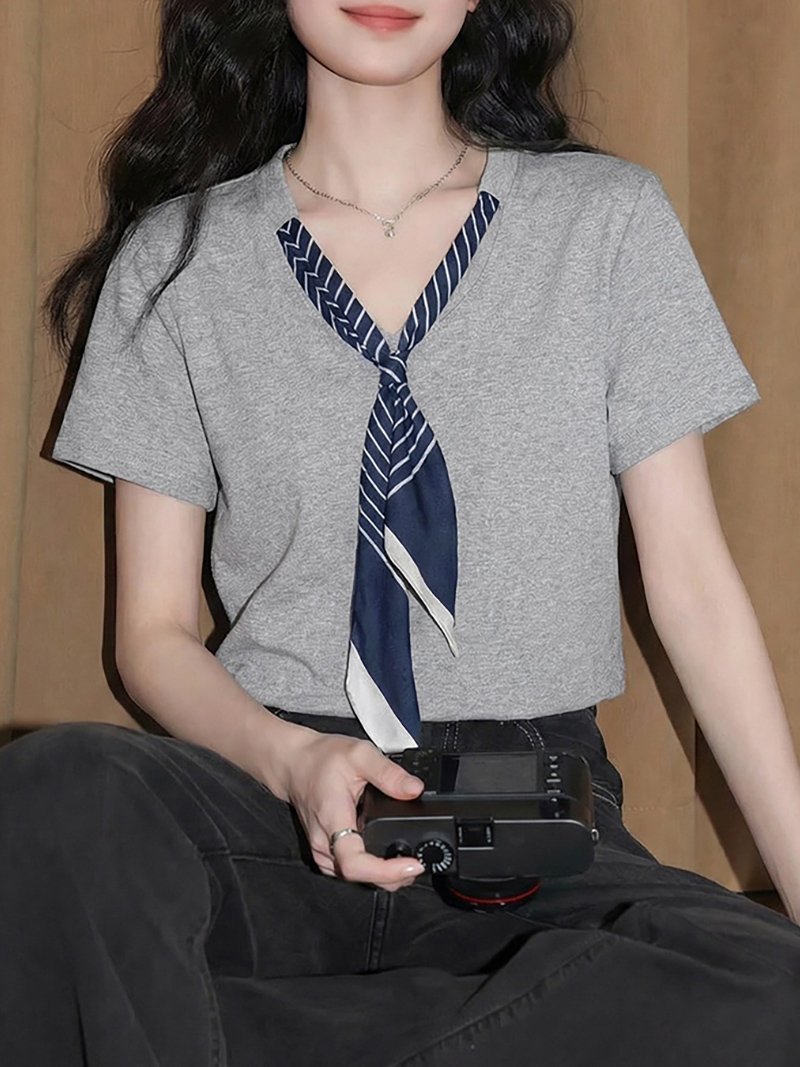 スカーフ風デザイン半袖カットソー レディース トップス ドゥー・ベル トップス カットソー・Tシャツ グレー