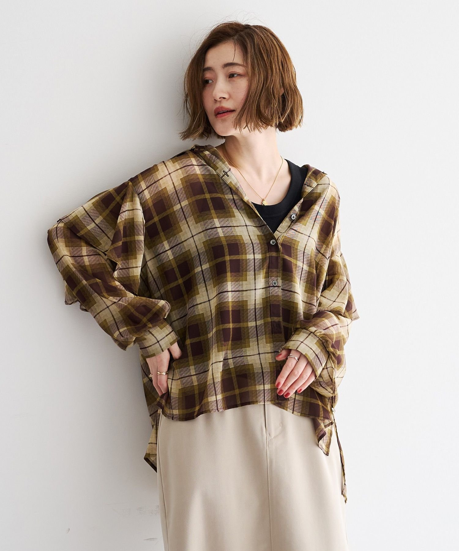 YECCA VECCA チェック柄シアーラッフルシャツ イェッカヴェッカ トップス シャツ・ブラウス ブラック ブラウン