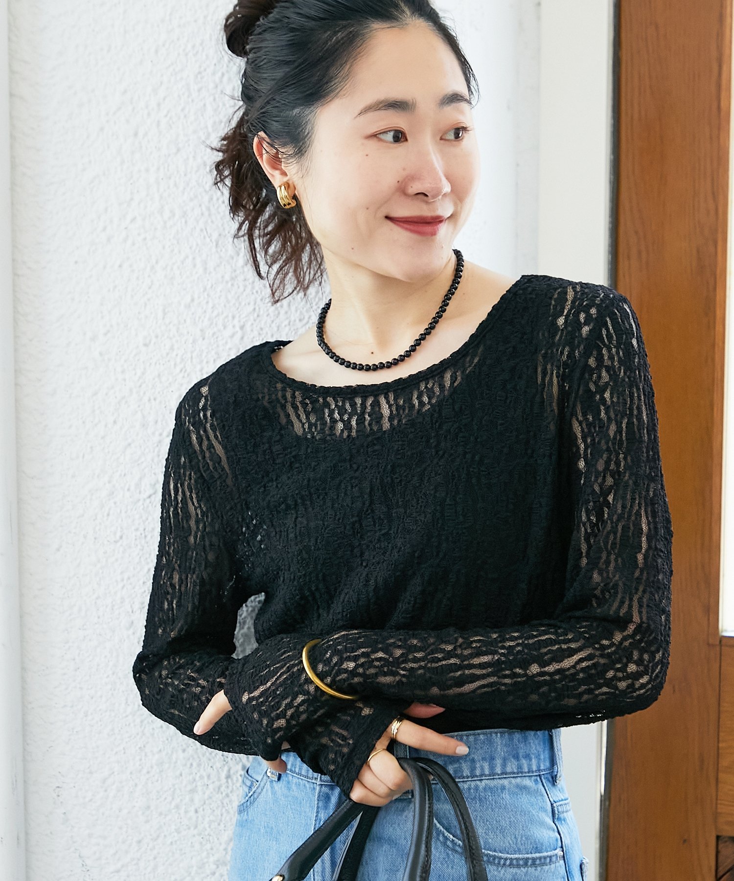 le.coeur blanc ストレッチレースクルーネックカットソー ルクールブラン トップス カットソー・Tシャツ ホワイト ブラック