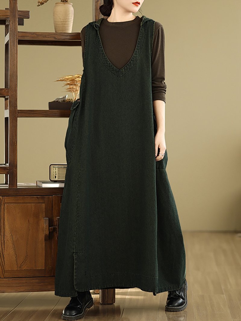 【SALE／20%OFF】Doux Belle フード付き深Vネックデニム風ジャンパースカート レディース ワンピース ドゥー・ベル オールインワン・オーバーオール オールインワン・つなぎ グリーン【送料無料】