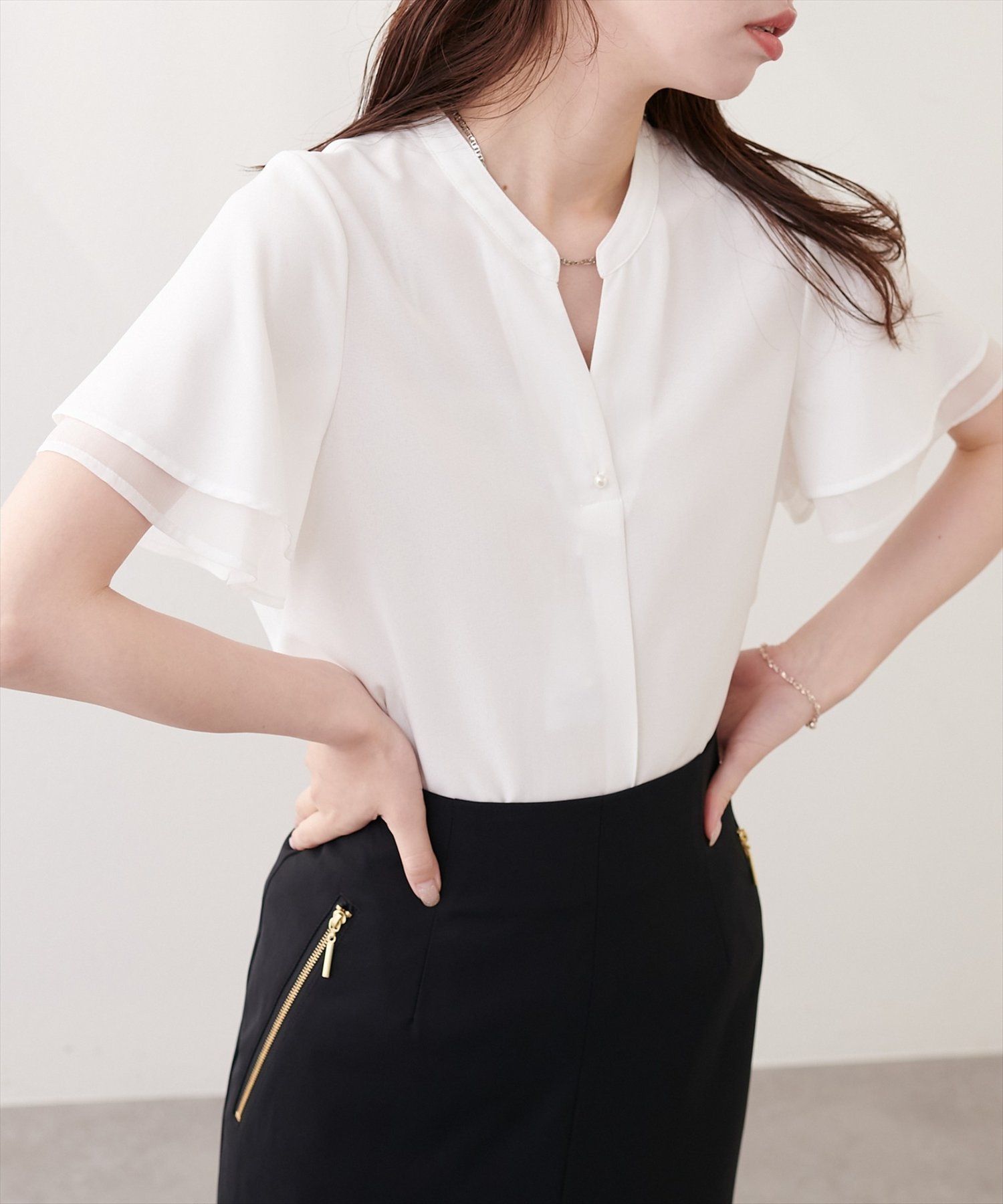 natural couture 袖口シアーパール釦スキッパーブラウス ナチュラルクチュール トップス シャツ・ブラウス パープル ホワイト グリーン