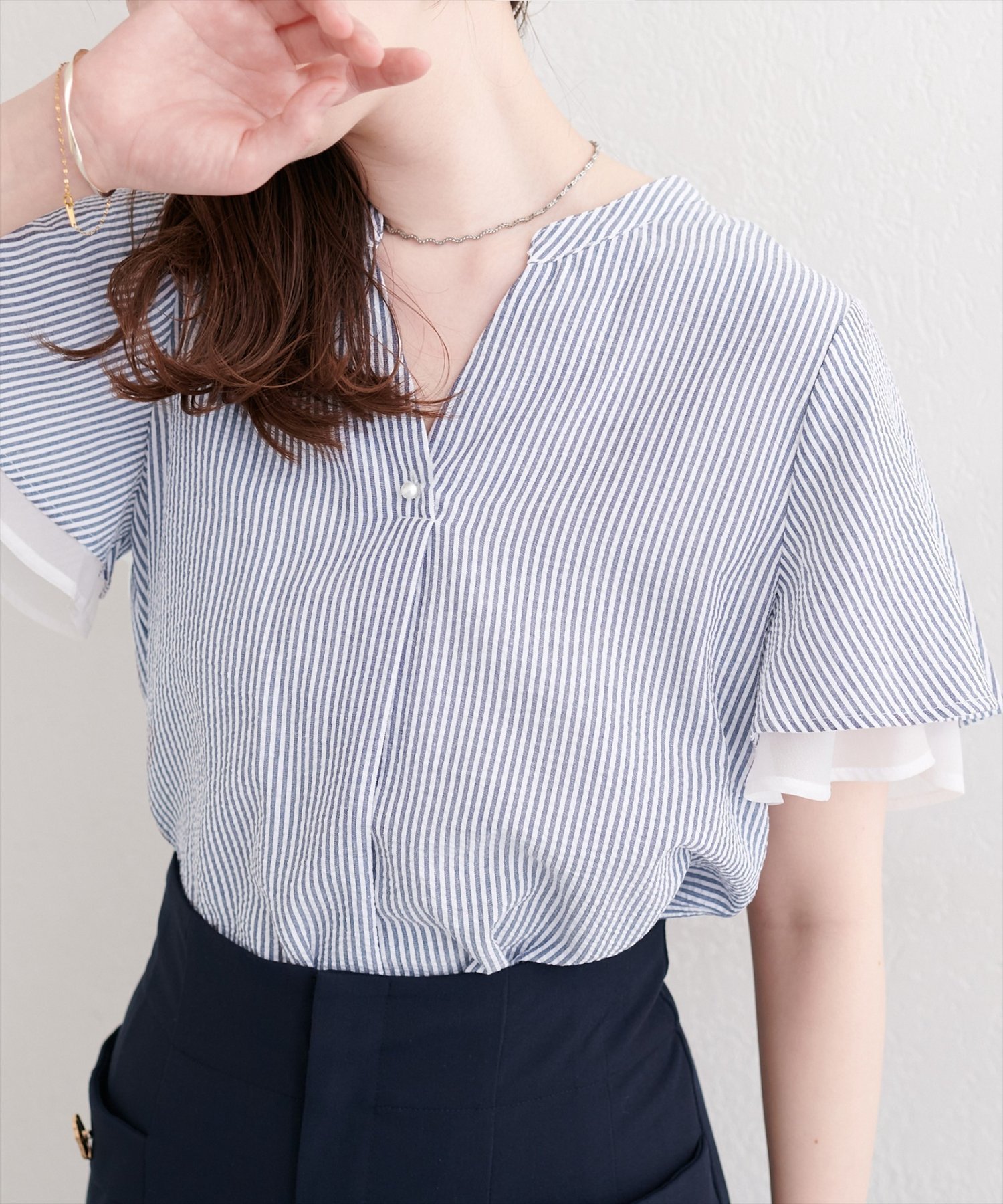 natural couture 袖口シアーパール釦スキッパーブラウス ナチュラルクチュール トップス シャツ・ブラウス パープル ホワイト グリーン