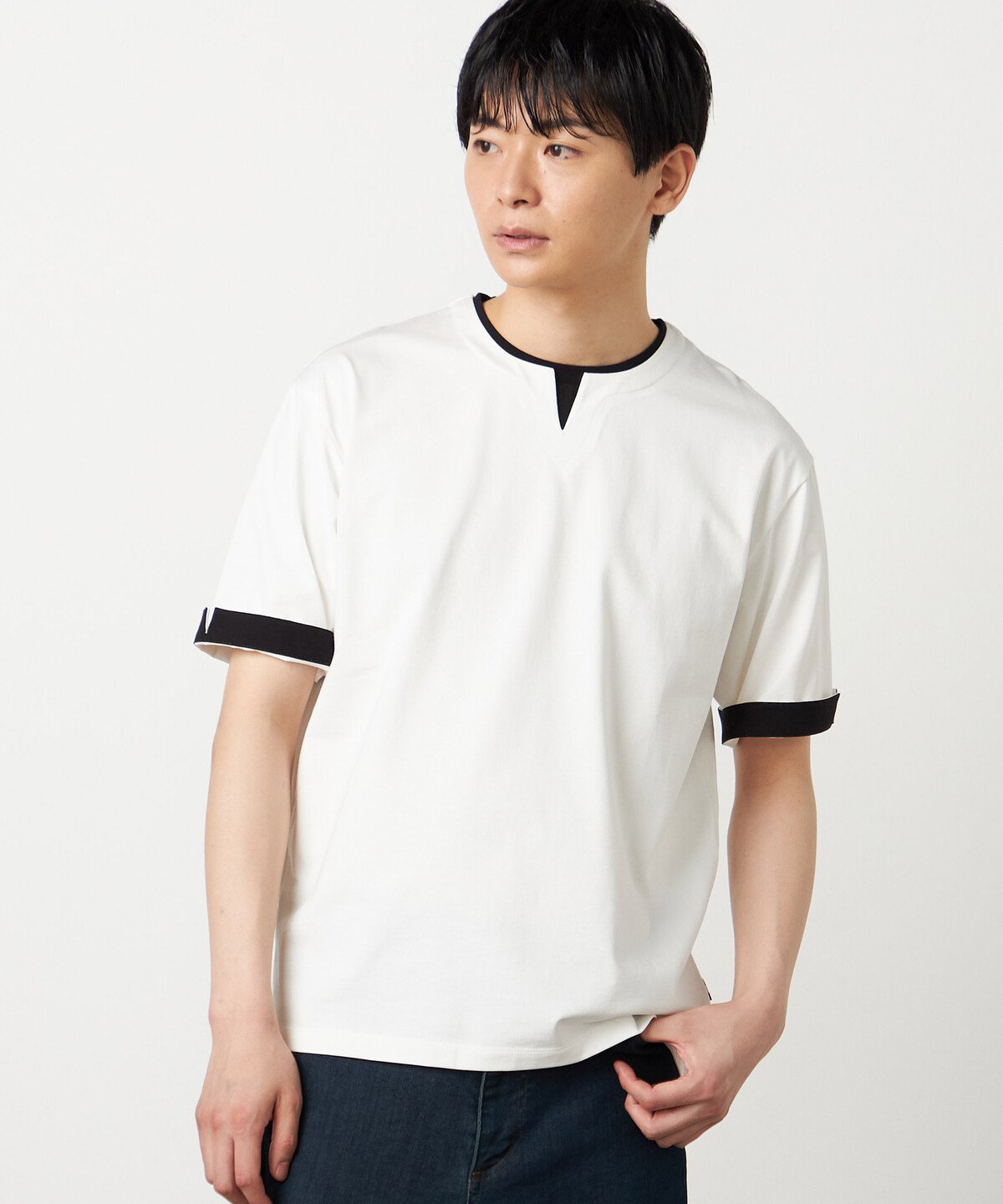 【接触冷感】USAコットン フェイクレイヤード キーネックTシャツ コムサイズム トップス カットソー・Tシャツ ホワイト ブラック ブルー
