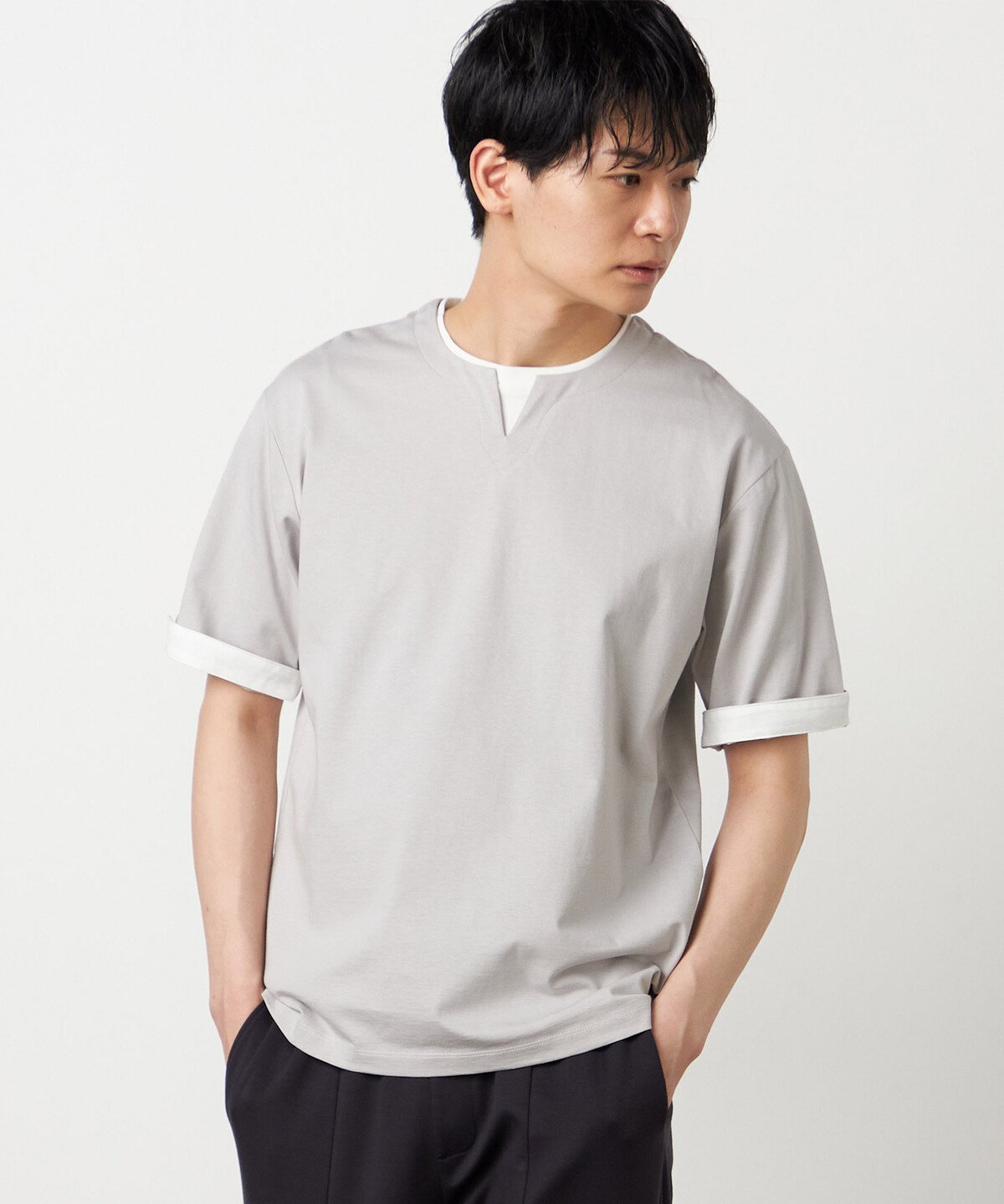 【接触冷感】USAコットン フェイクレイヤード キーネックTシャツ コムサイズム トップス カットソー・Tシャツ ホワイト ブラック ブルー
