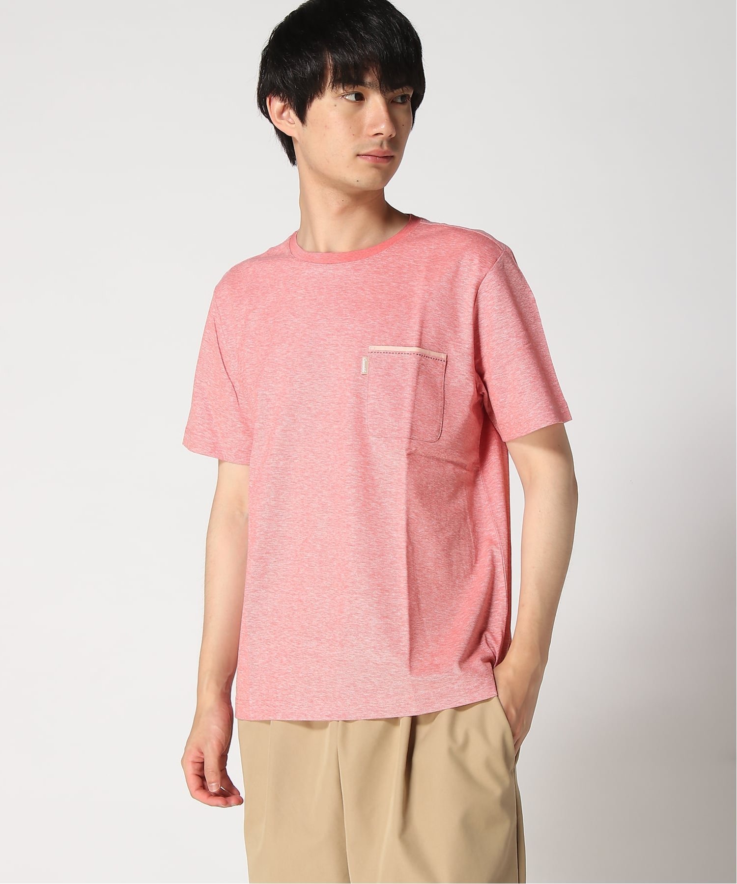 (M)スノーリネン ポケット付き Tシャツ【接触冷感】 クロコダイル トップス カットソー・Tシャツ レッド ネイビー ホワイト