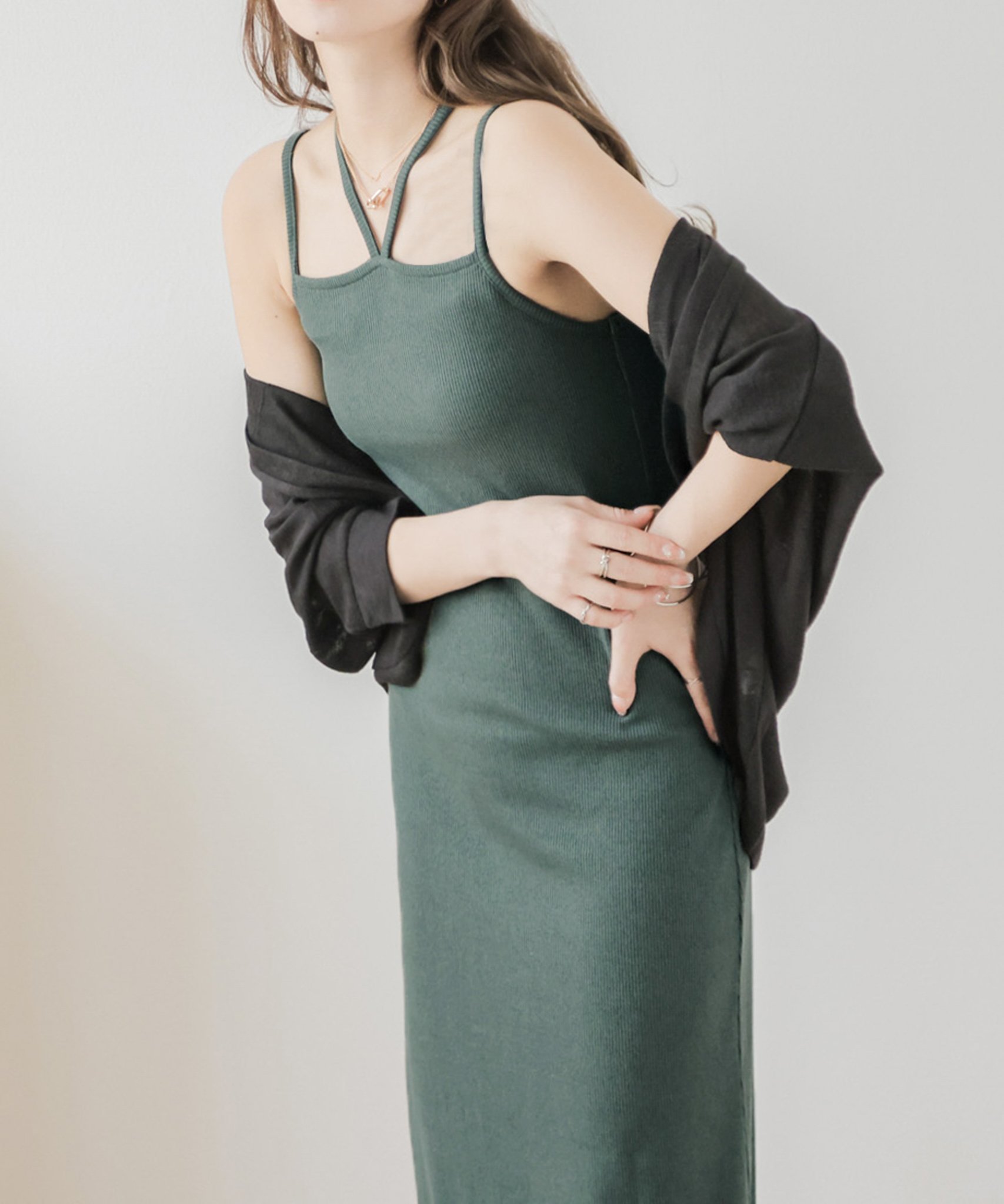 La-gemme ダブルストラップ リブキャミワンピース ラジュール ワンピース・ドレス ワンピース ブラック ベージュ グリーン イエロー