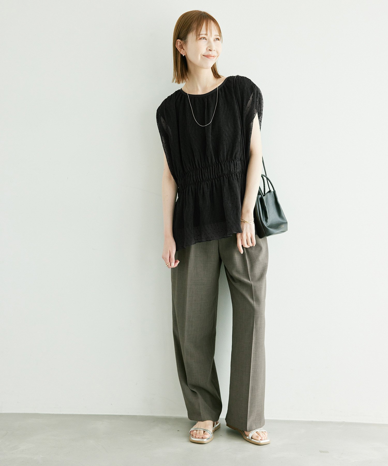 【SALE／50%OFF】ROPE' PICNIC シャーリングドットブラウス ロペピクニック トップス シャツ・ブラウス ブラック ホワイト