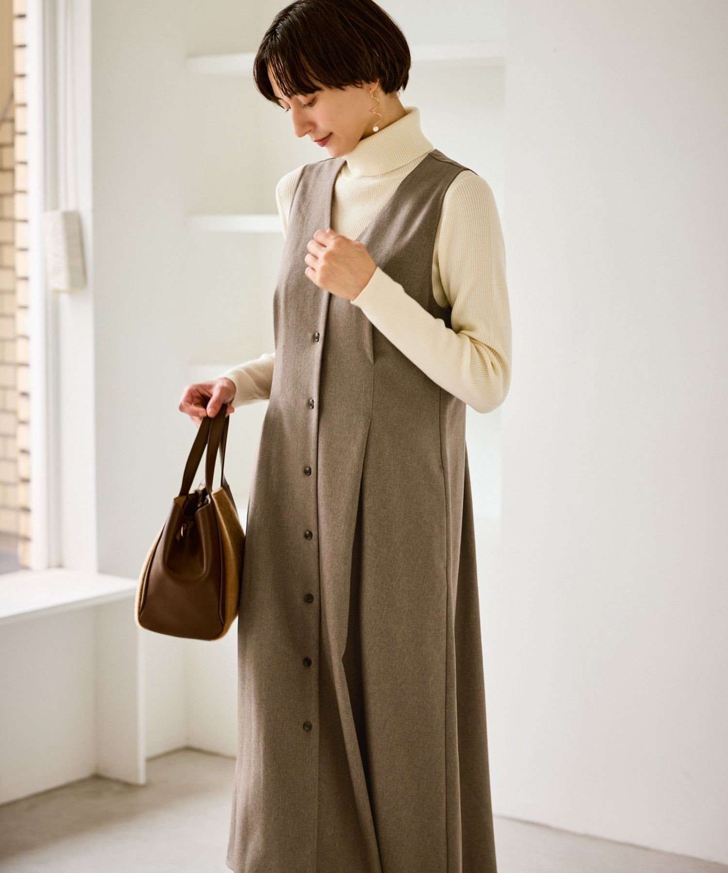 ROPE' PICNIC レディハンサムシリーズ ウールライクウエストタックジャンパースカート/セットアップ対応 ロペピクニック ワンピース・ドレス ジャンパースカート グレー ベージュ ネイビー ブラック【送料無料】