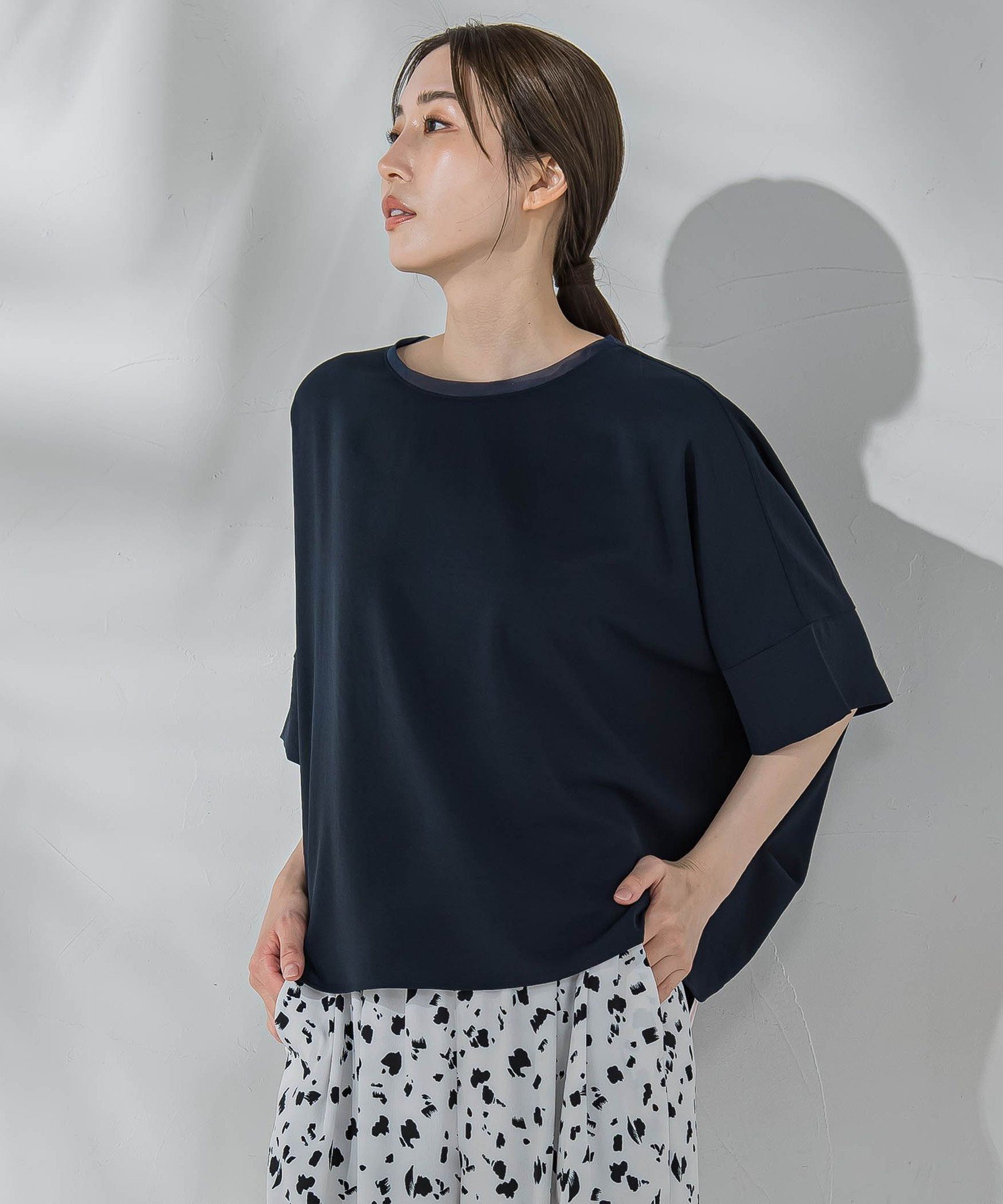 la.f... ハイストレッチカットソーブラウス≪洗濯機で洗える≫ ラ・エフ トップス シャツ・ブラウス ブラウン ブルー ホワイト ネイビー