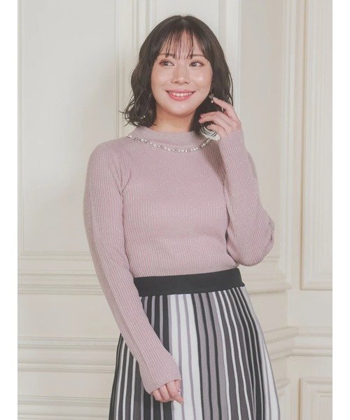 Re-J&SUPURE プチハイネックビジュー付きラメニットトップス リジェイアンドスプル トップス ニット ホワイト ピンク