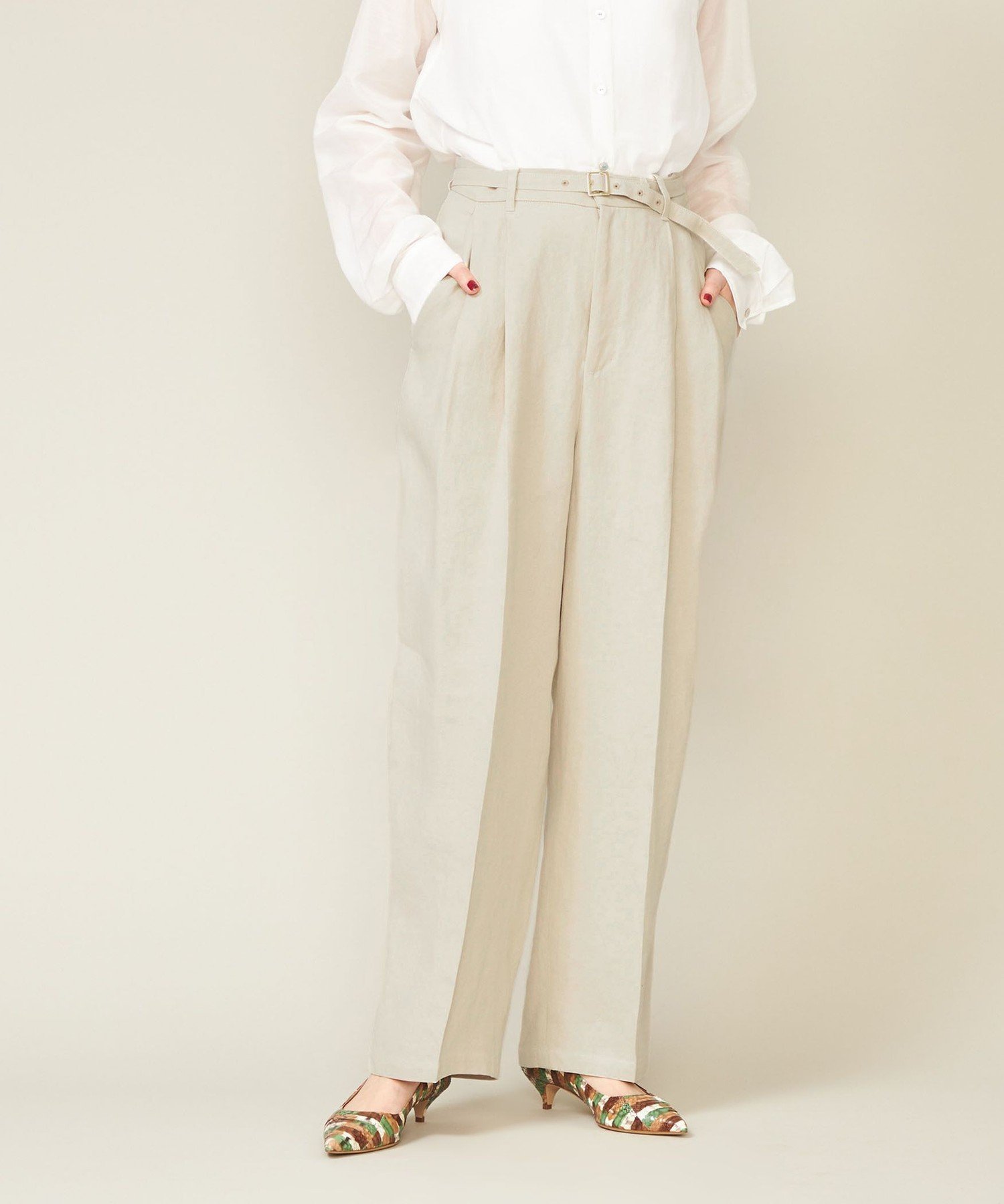 ＜conte＞ペーパー ベルテッド タックパンツ ユナイテッドアローズ アウトレット パンツ その他のパンツ グリーン ホワイト ベージュ