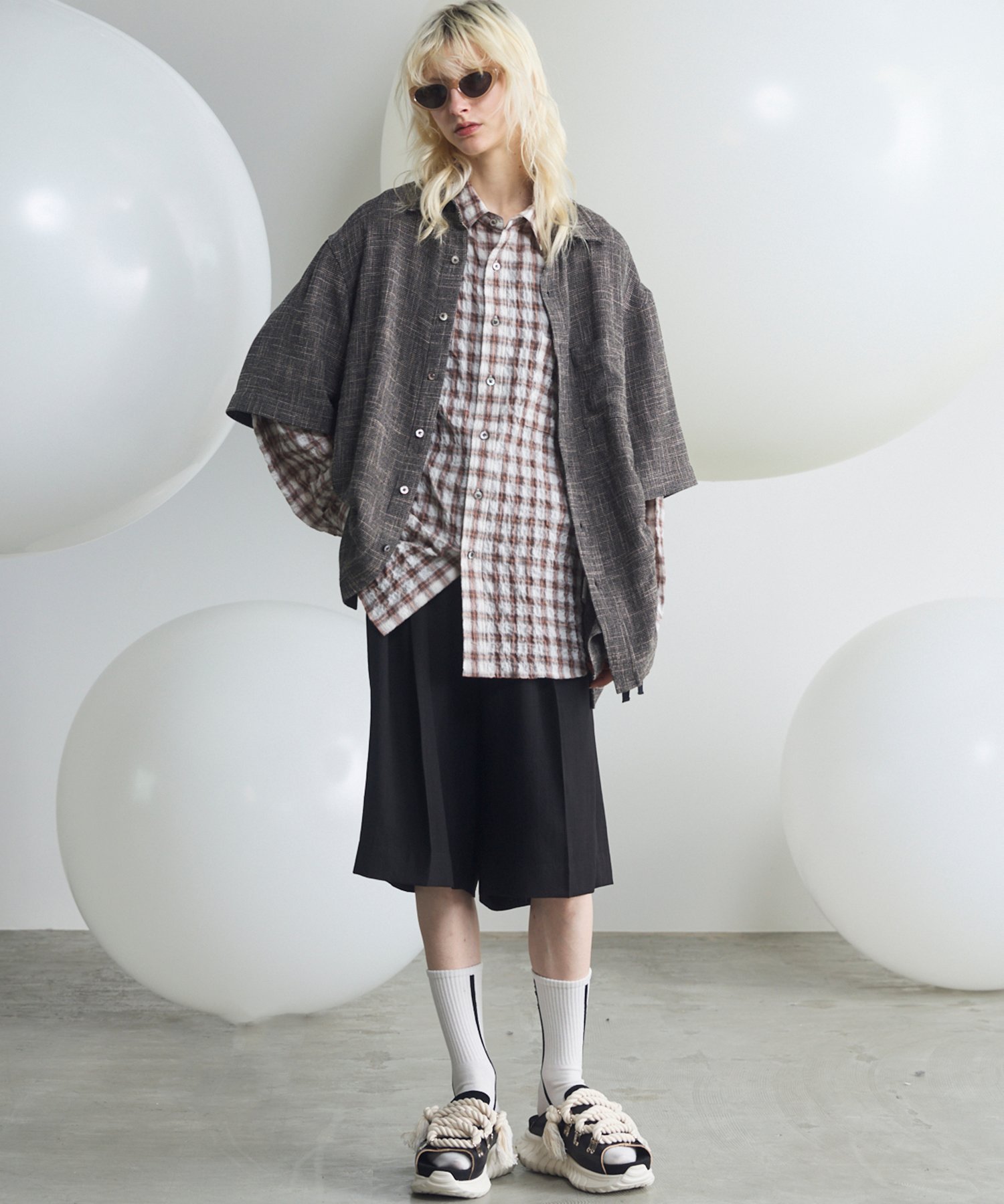 MAISON SPECIAL Dry KARAMI Mesh Prime-Over Asymmetric Shirred Shirt メゾンスペシャル トップス シャツ・ブラウス ブラック ブラウン
