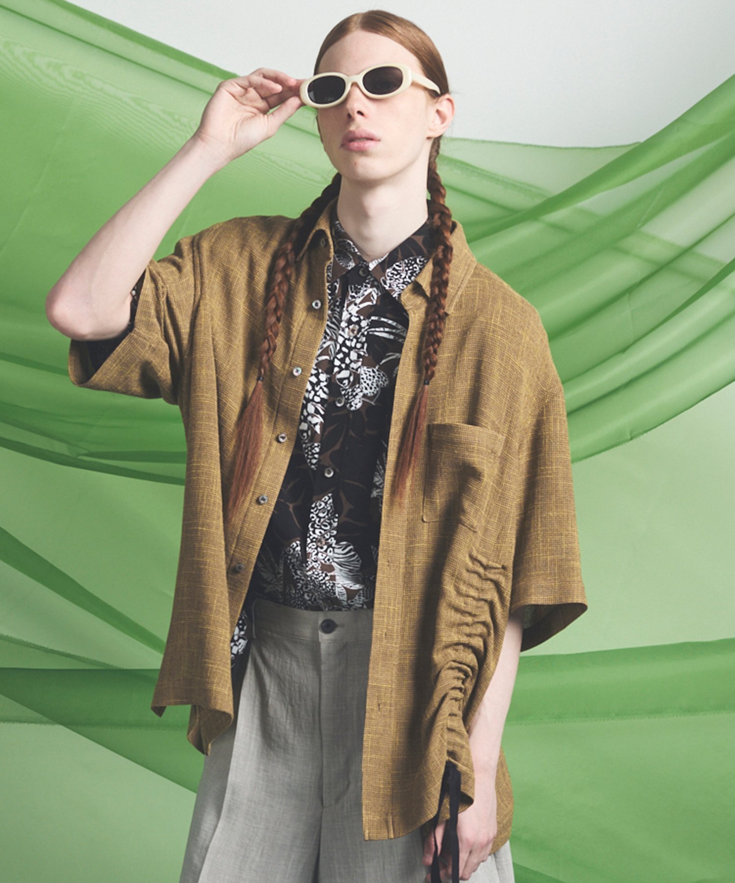 MAISON SPECIAL Dry KARAMI Mesh Prime-Over Asymmetric Shirred Shirt メゾンスペシャル トップス シャツ・ブラウス ブラック ブラウン