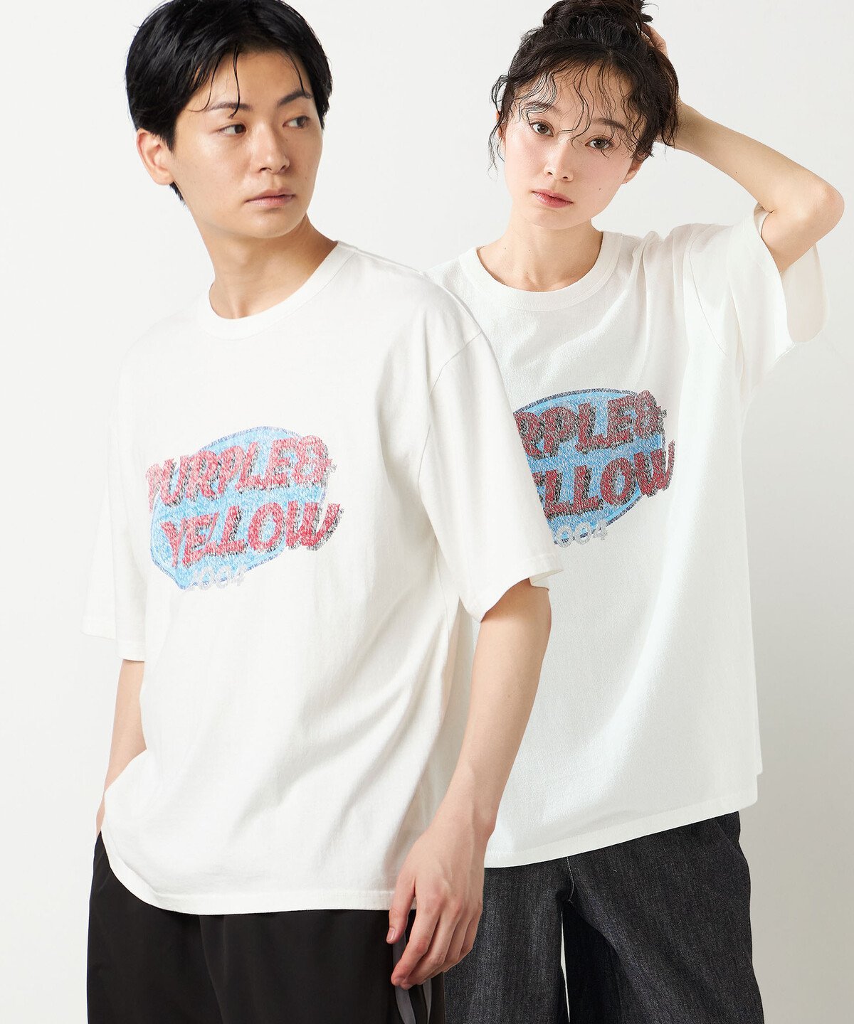 Purple&Yellow カスレロゴプリント フロスト半袖Tシャツ コムサイズム トップス カットソー・Tシャツ オレンジ ホワイト ブラック グリーン