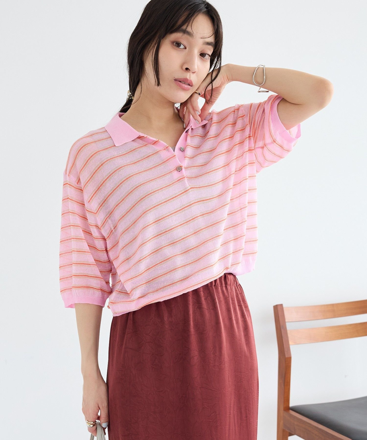【SALE／50%OFF】CRAFT STANDARD BOUTIQUE シアーボーダーショート丈ポロニット クラフトスタンダードブティック トップス ニット パープル ブラウン ピンク