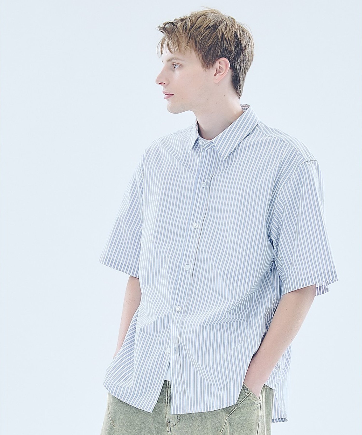 ABAHOUSE LASTWORD 【JAMES FABRIC】サイドガゼット ストライプ半袖シャツ / オーバーサ アバハウス トップス シャツ・ブラウス ブルー【送料無料】