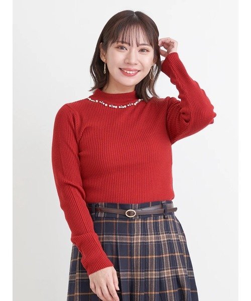 Re-J&SUPURE プチハイネックビジュー付きニットトップス リジェイアンドスプル トップス ニット ホワイト