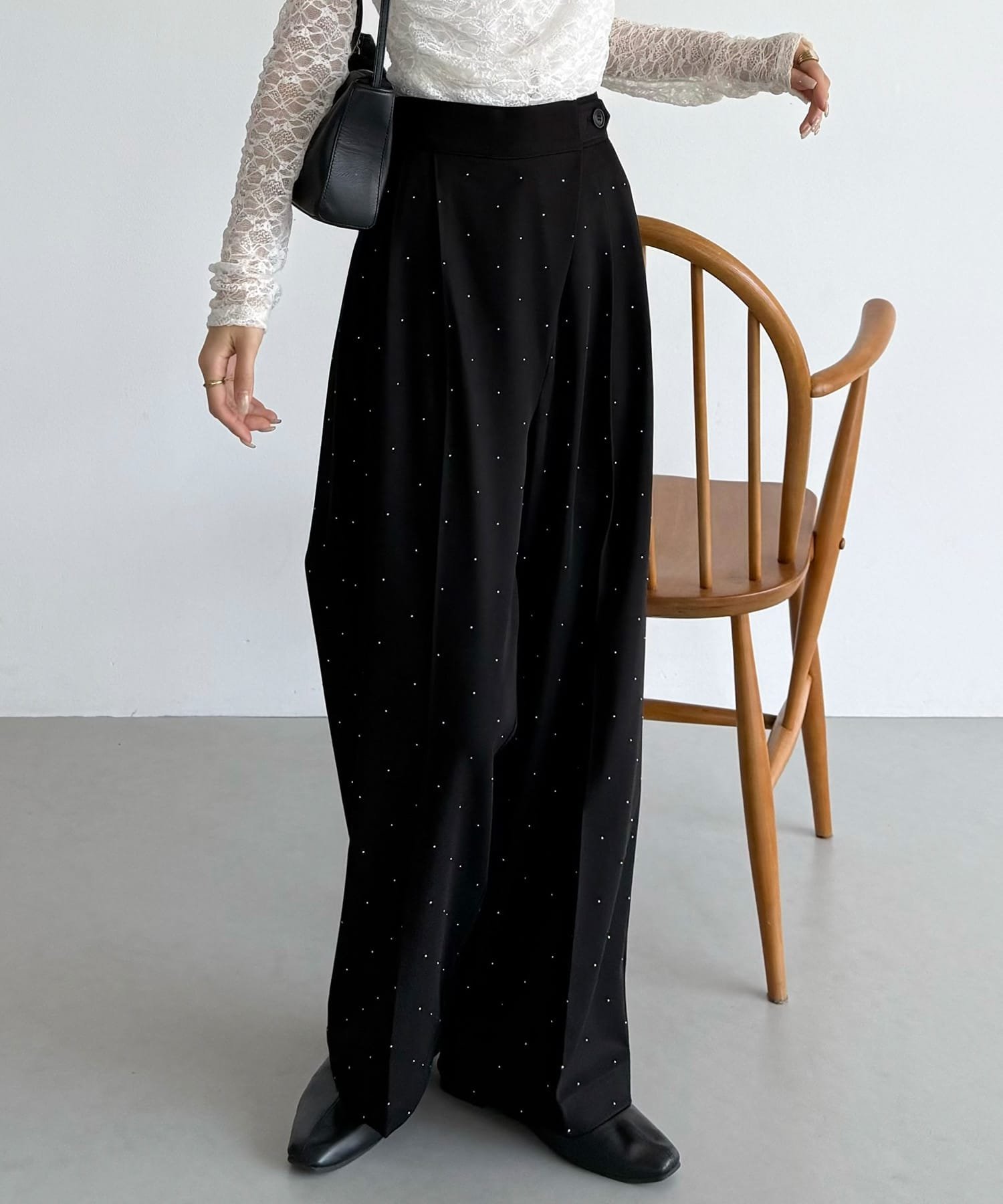 【SALE/18% OFF】JUNOAH callautia Rhinestone Wrap Pants (Unlined) Junoah Pants Slacks/Dress Pants Black Gray 【Free Shipping】