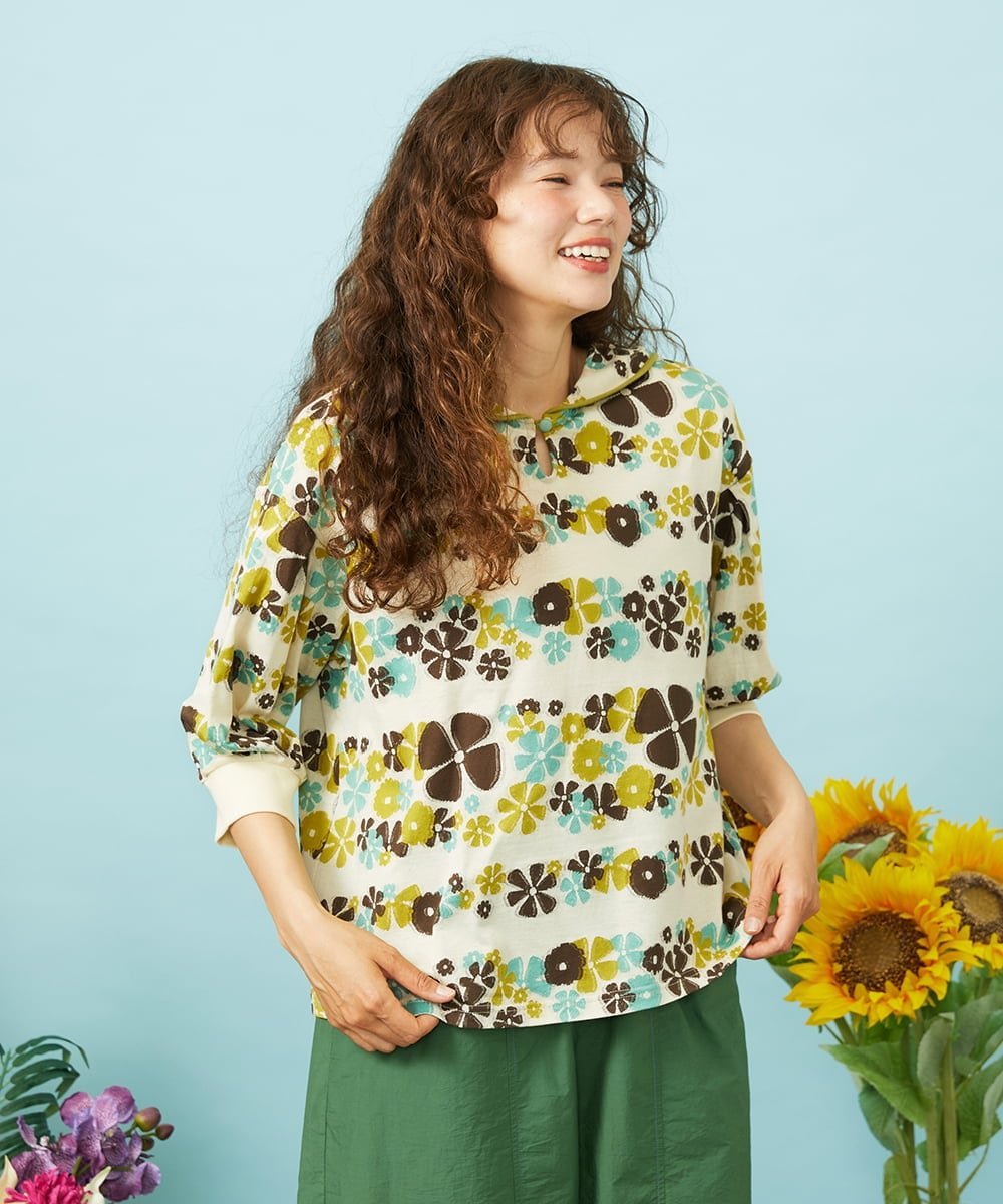 Jocomomola Ramo Border フラワージャカードセーラーカラーカットソー ホコモモラ トップス カットソー・Tシャツ ネイビー ホワイト