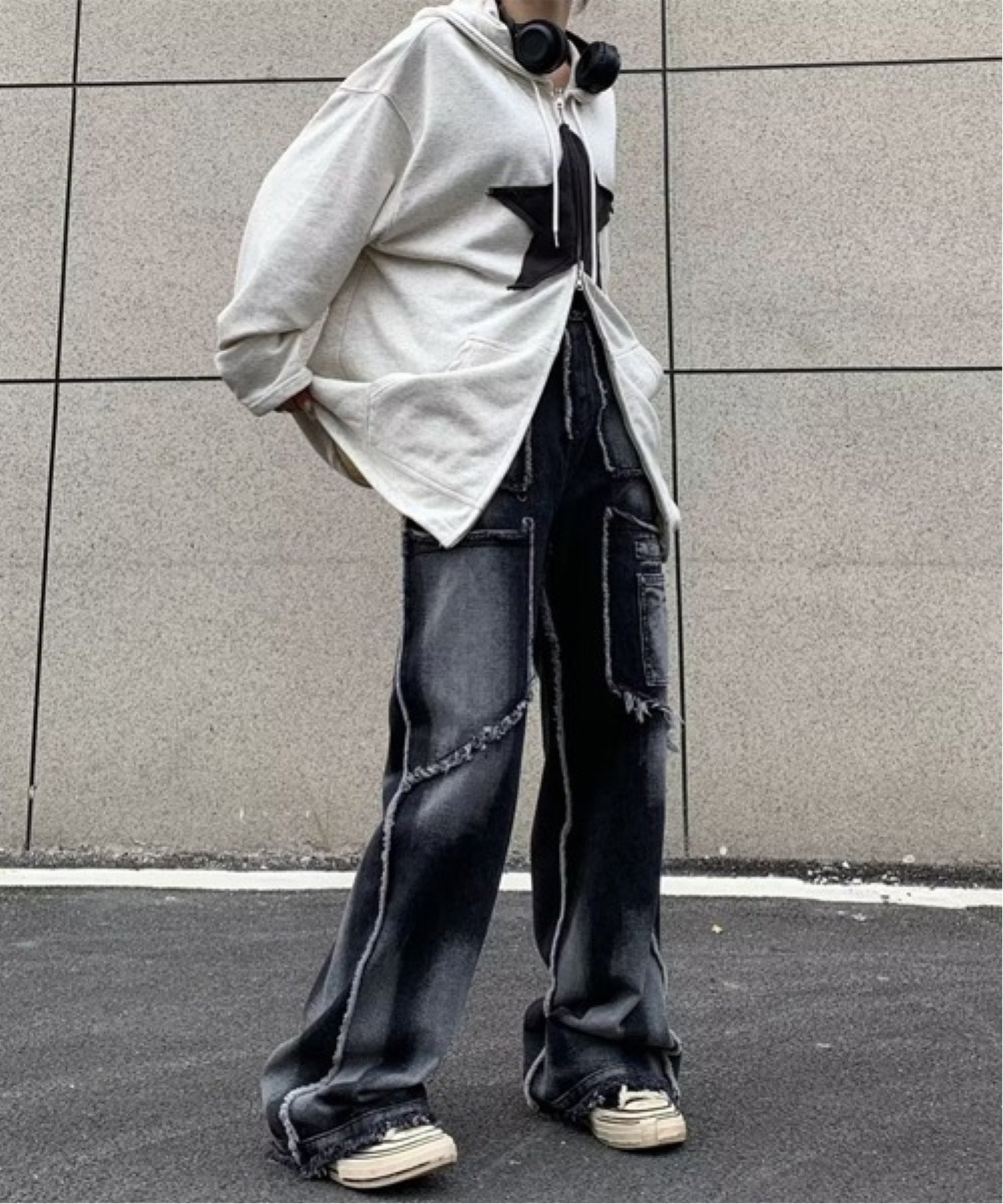 NOWLE NOWLE/(M)【NOWLE】ブラック ブリーチ ストレート スイッチ ワイド デニムパンツ チェルカ パンツ ジーンズ・デニムパンツ ブラック