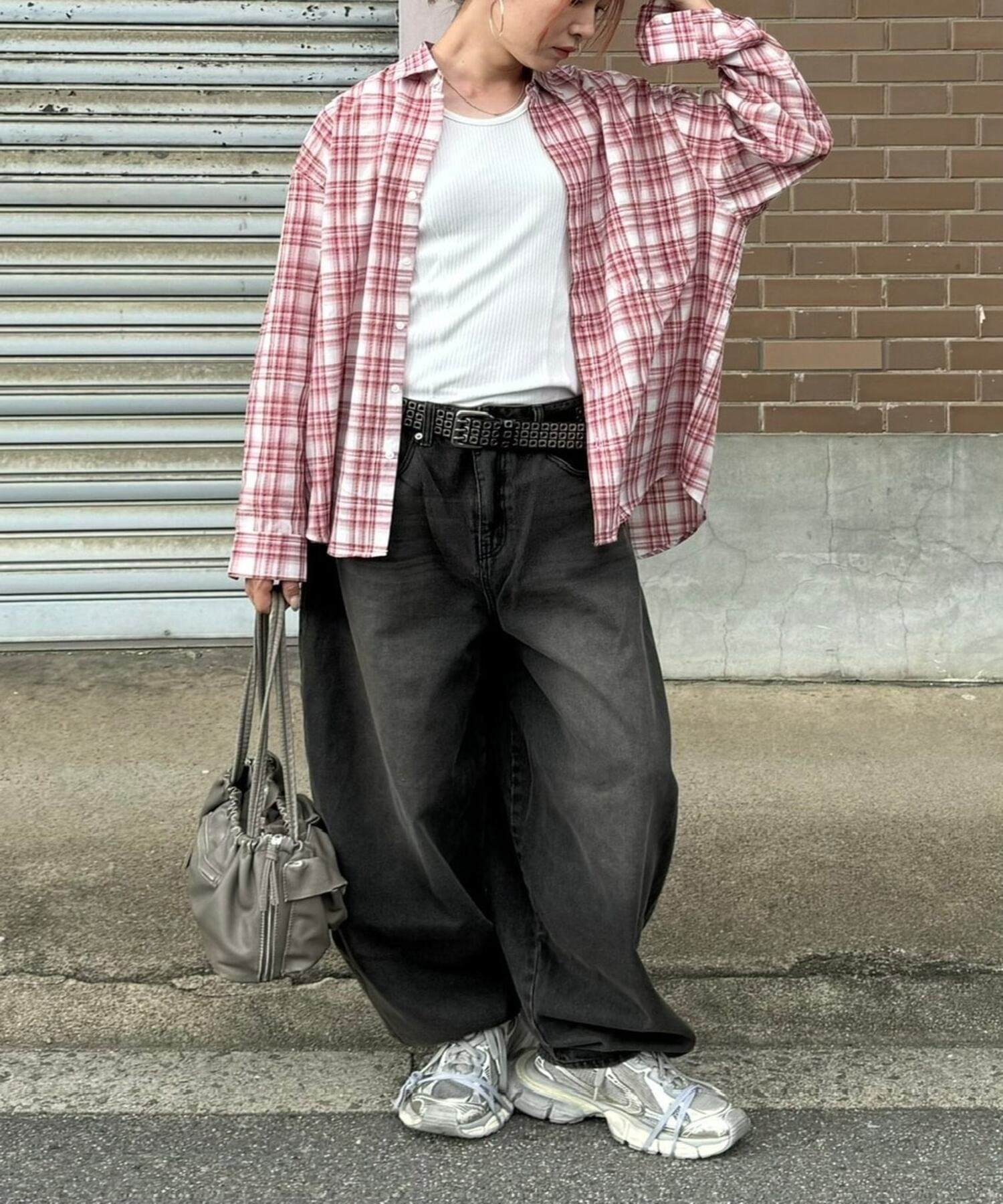 + 【Chikashitsu +】over fit check shirt チェックシャツ 柄シャツ オーバーサイズ ネバーマインドザエックスユー／チカシツプラス トップス シャツ・ブラウス レッド ブルー カーキグリーン