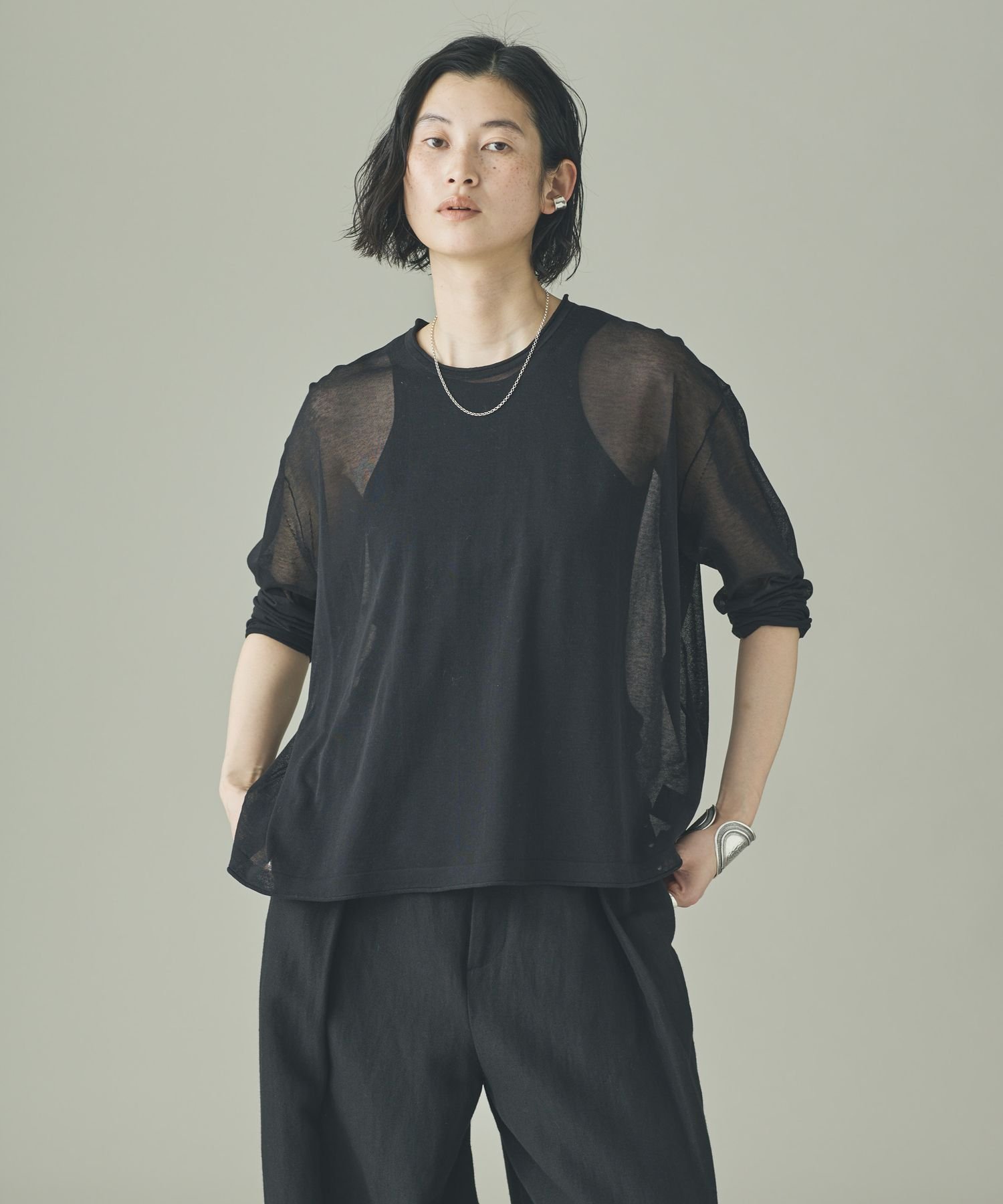 シアーリラックスニットプルオーバー カレンソロジー トップス カットソー・Tシャツ ベージュ ブラック グレー