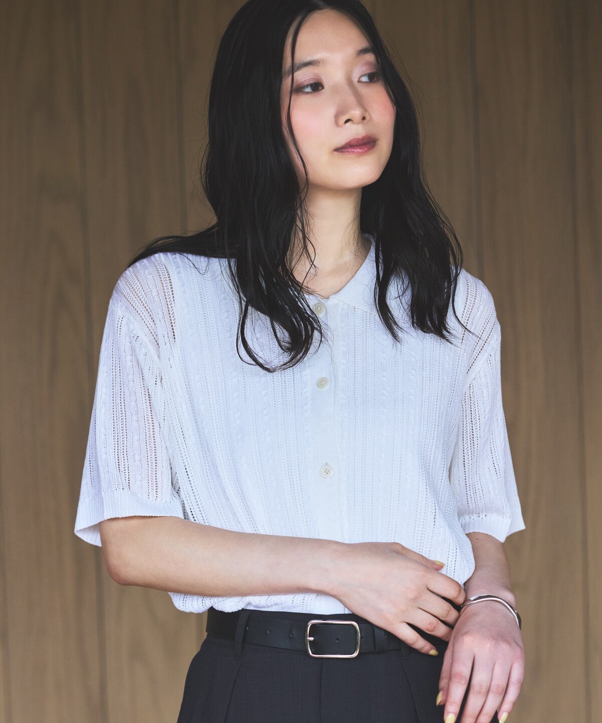【SALE／20%OFF】COMME CA ISM 【ウォッシャブル】メッシュ ニットシャツ コムサイズム トップス ニット ホワイト ブラック グリーン【送料無料】