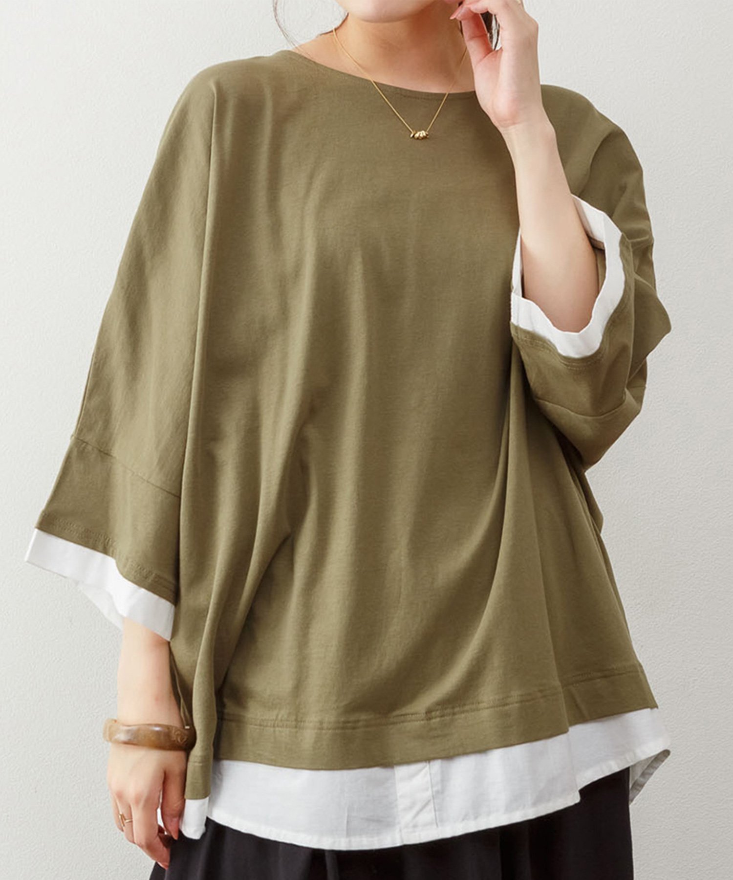 PourVous ゆるっと異素材レイヤードTシャツ プールヴー トップス カットソー・Tシャツ グレー カーキグリーン ブラック