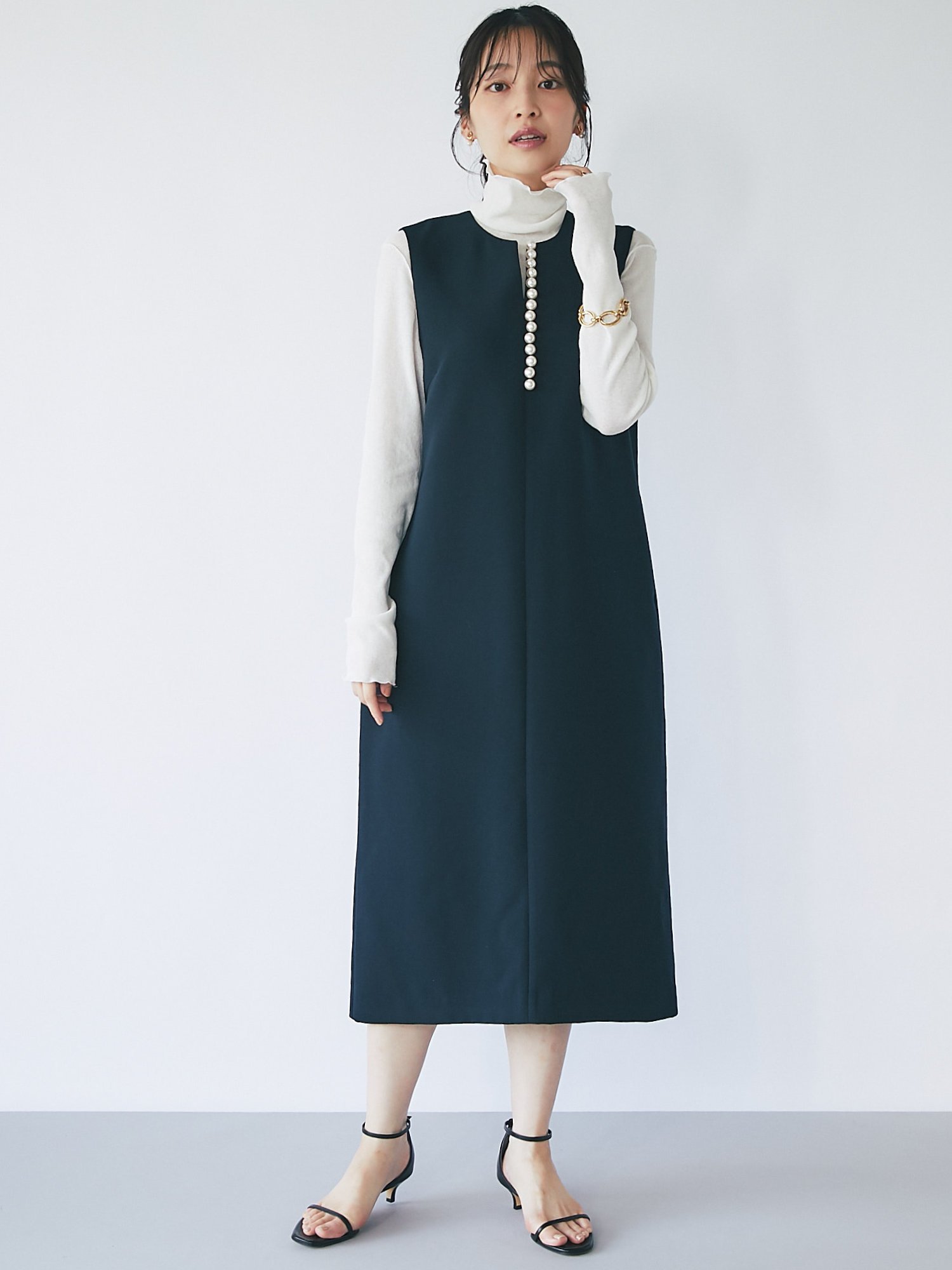 La boutique BonBon 【追加オーダー決定】フロントビッグパールジャンドレ ラブティックボンボン ワンピース・ドレス その他のワンピース・ドレス ネイビー ホワイト【送料無料】のサムネイル