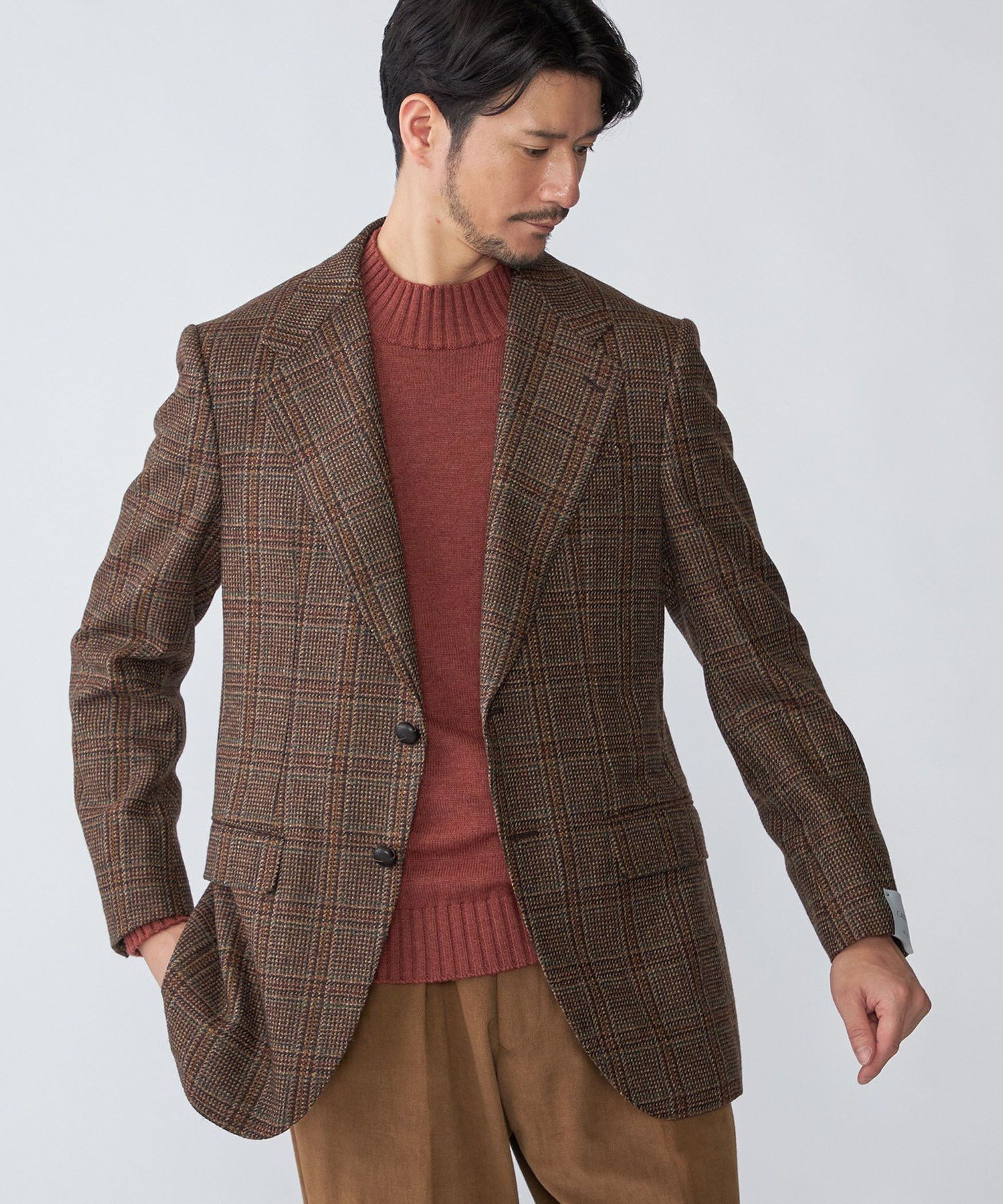 【SALE／60%OFF】SHIPS MEN 【SHIPS別注】CARUSO: AIDA ワイドラペル ウール ツイード チェック ジャケット シップス ジャケット・アウター テーラードジャケット・ブレザー ブラウン【送料無料】