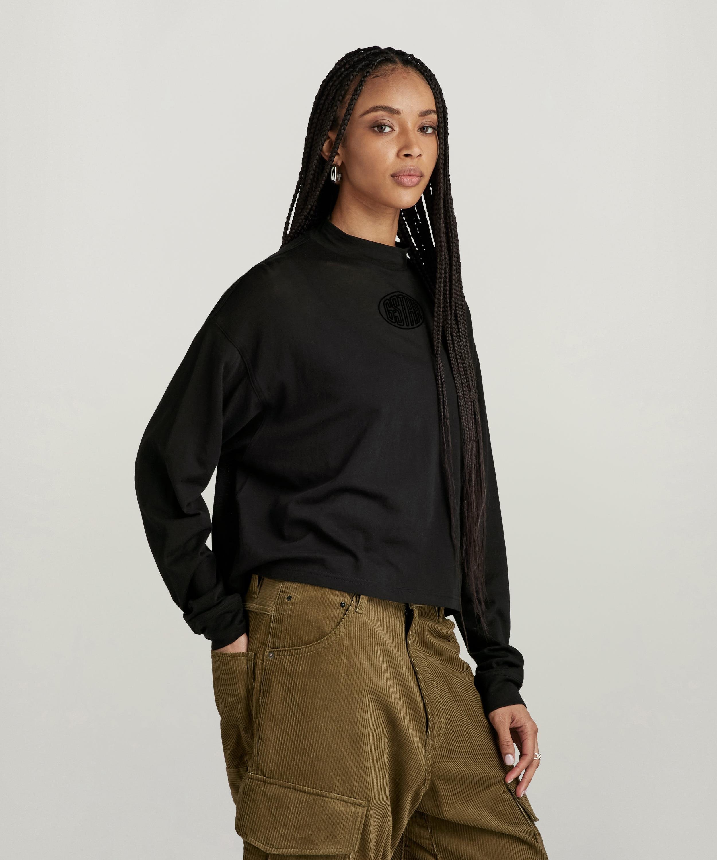【公式ショップ】MOCK GRAPHIC LOOSE TOP/モックネックボックスシルエットロングスリーブTシャツ ジースターロゥ トップス カットソー・Tシャツ ブラック