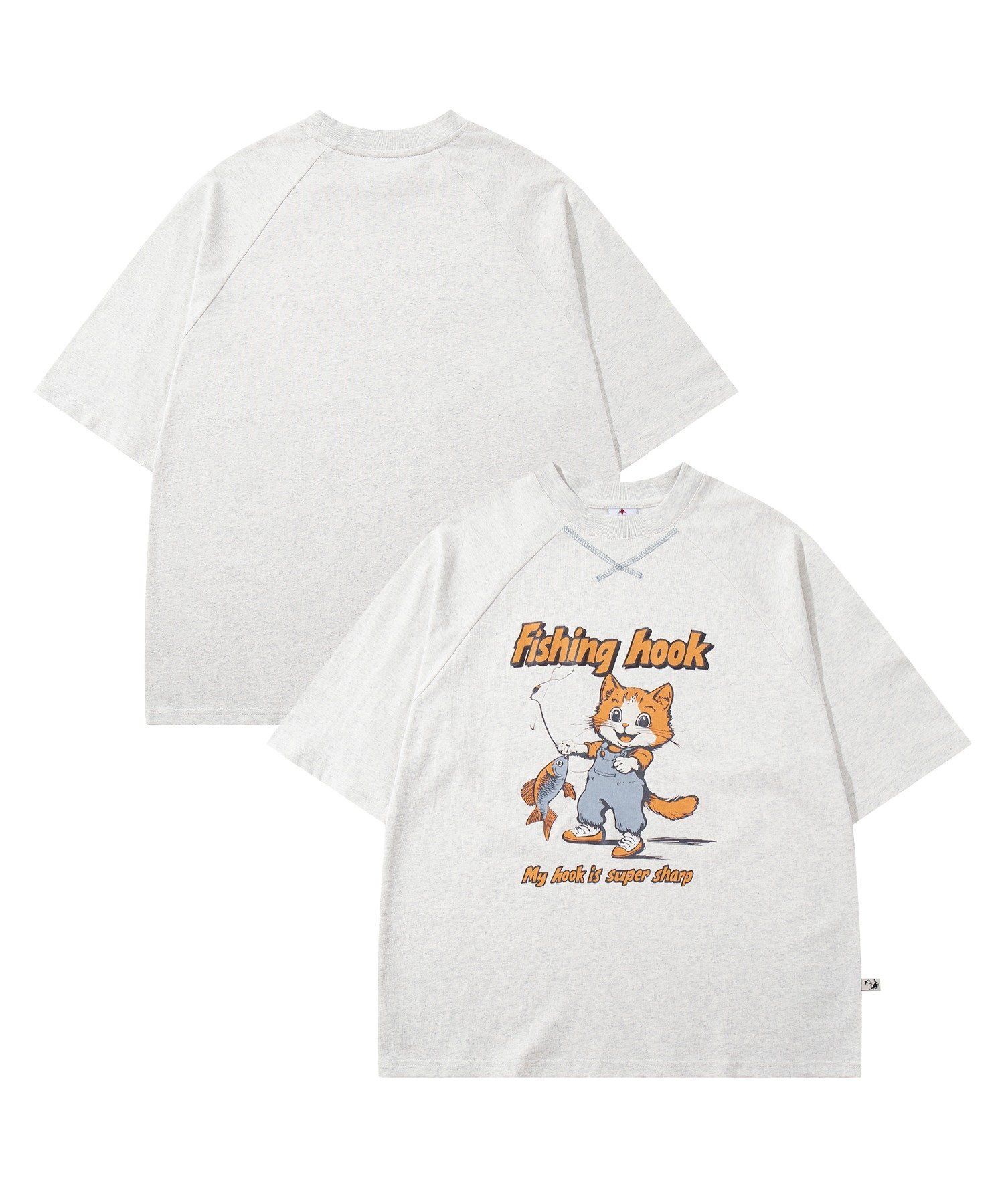 HOOK HOOK -original- アメリカンカートゥーン釣り猫プリントラグランスリーブTEE アイモハ トップス カットソー・Tシャツ ホワイト