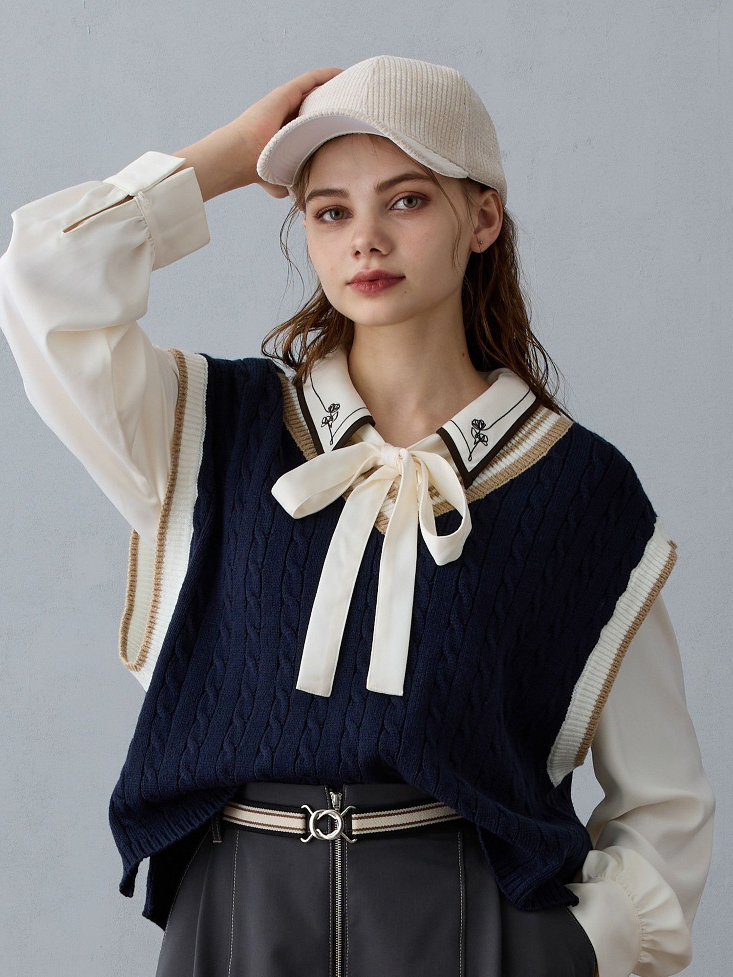 【SALE／20%OFF】NICOLE CLUB ケーブル編みチルデンベスト ニコル クラブ トップス ニット ブラウン ホ..