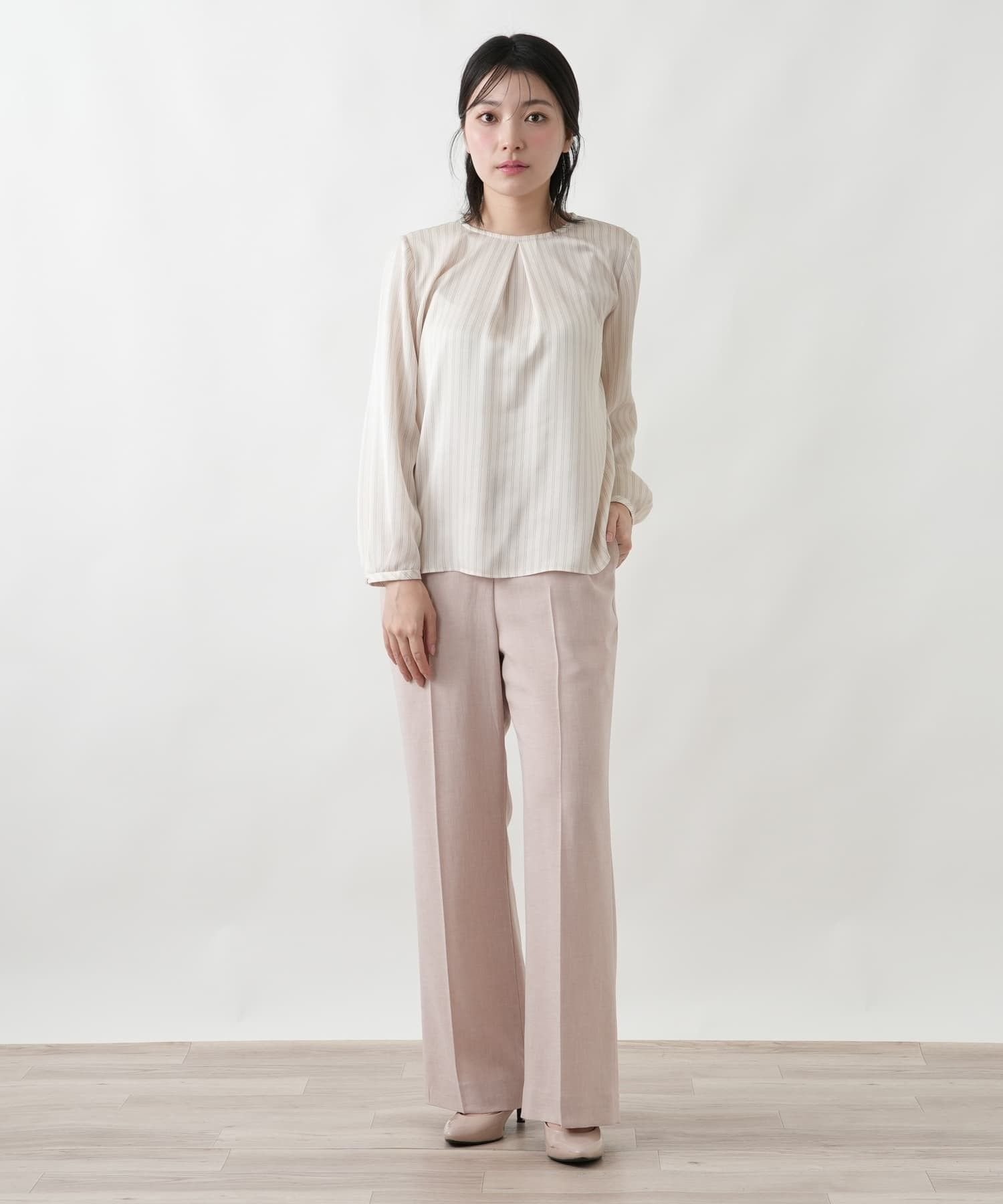 Leilian ストライプタックブラウス【Leilian WHITE LABEL】 レリアン トップス シャツ・ブラウス ネイビー ブラウン