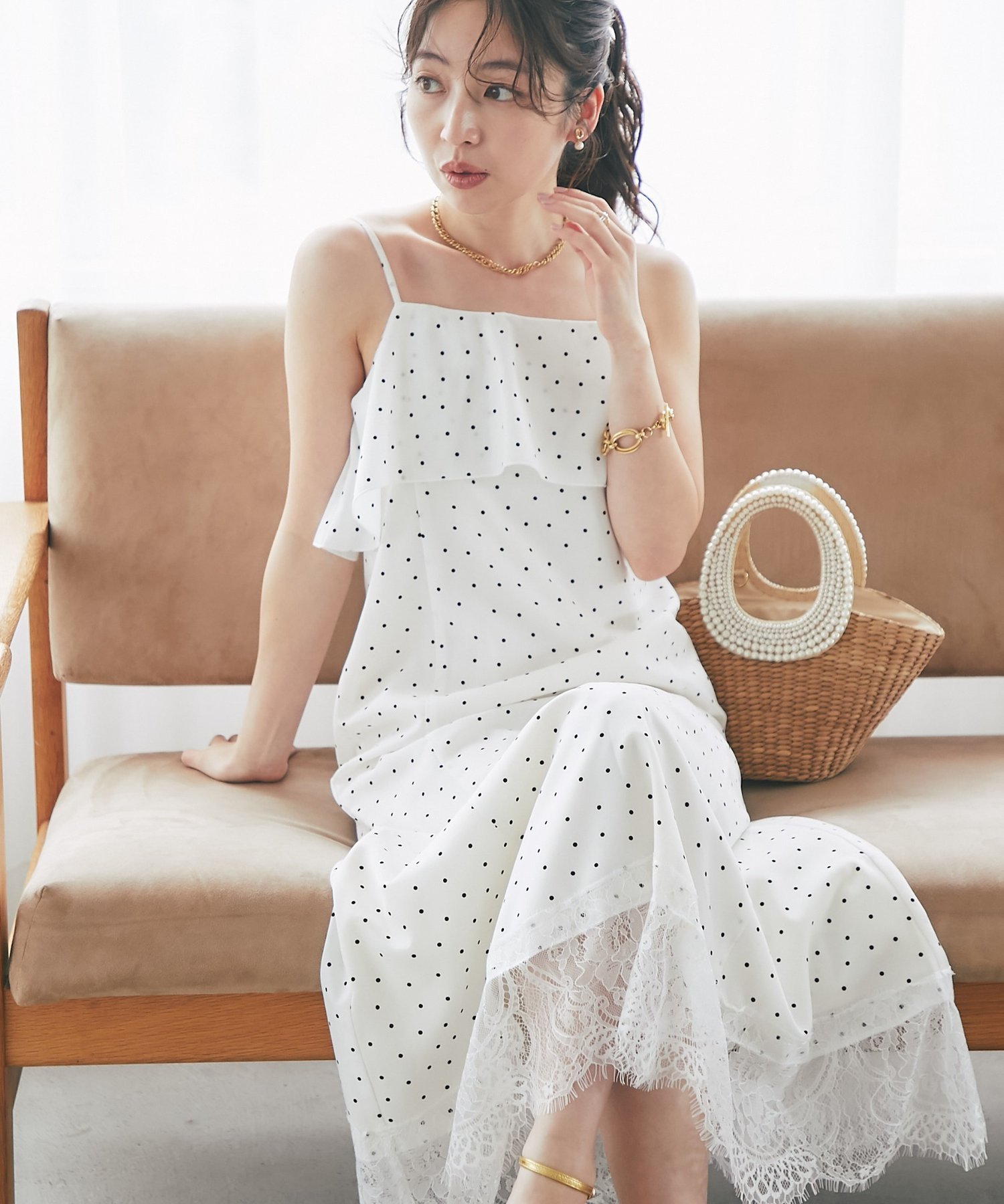 La boutique BonBon 【3サイズ展開あり・最強モテ】ドットプリントラッフルマーメイドキャミワンピース ラブティックボンボン ワンピース・ドレス その他のワンピース・ドレス ネイビー ホワイト