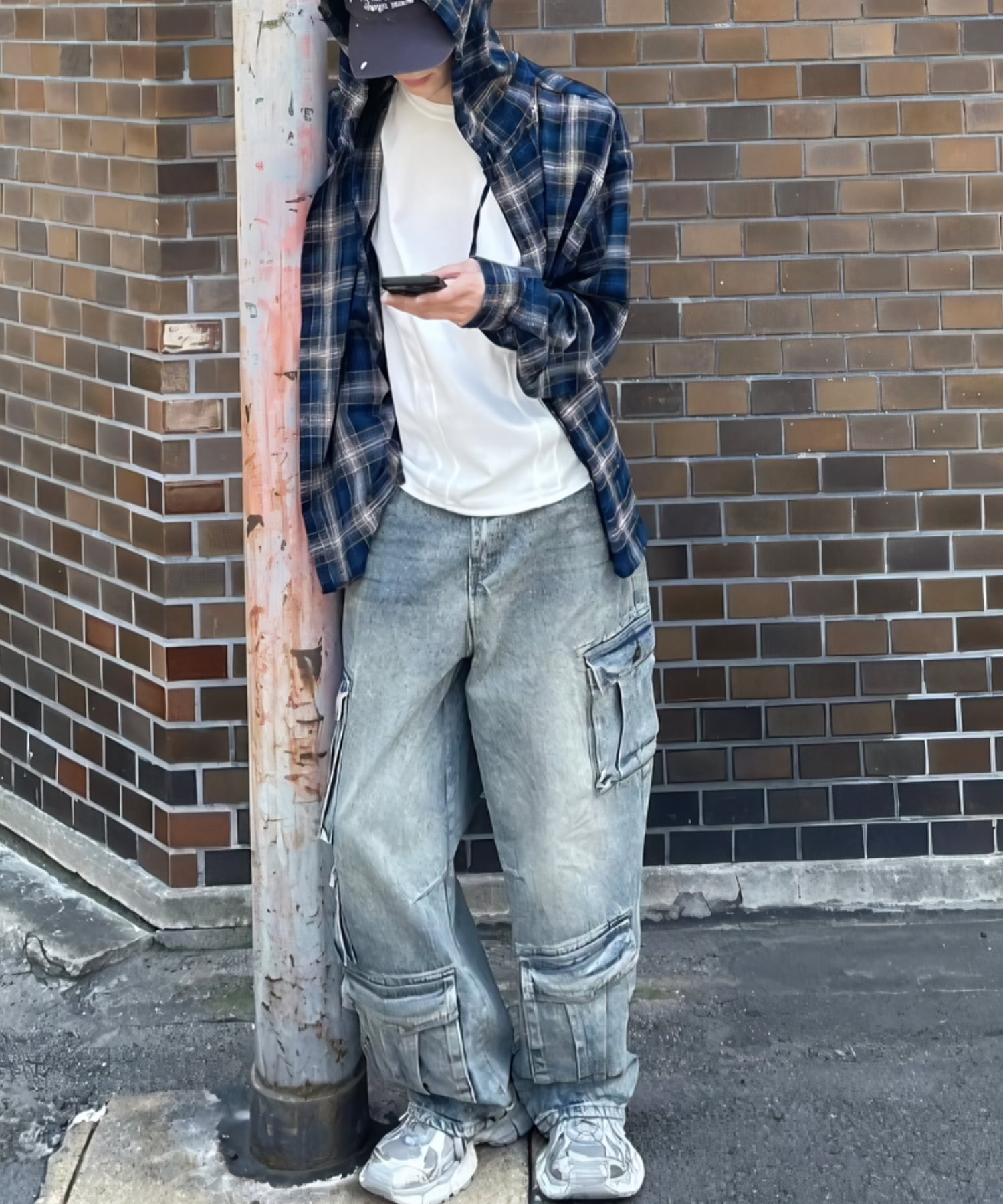 + 【Chikashitsu +】glen check hooded shirt / チェックシャツ 柄シャツ フードシャツ ネバーマインドザエックスユー／チカシツプラス トップス シャツ・ブラウス カーキグリーン ネイビー