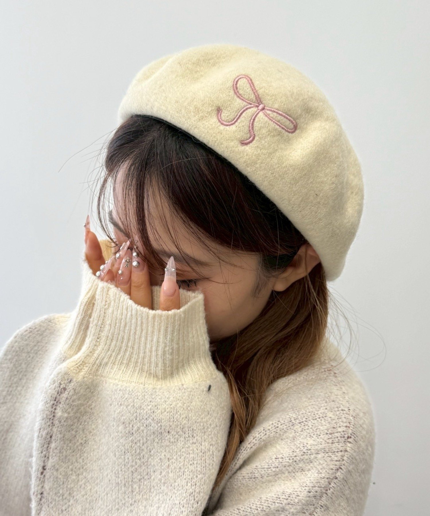 WEGO MEN'S リボン刺繍ベレー ウィゴー 帽子 ハンチング・ベレー帽 ホワイト グレー ブラック