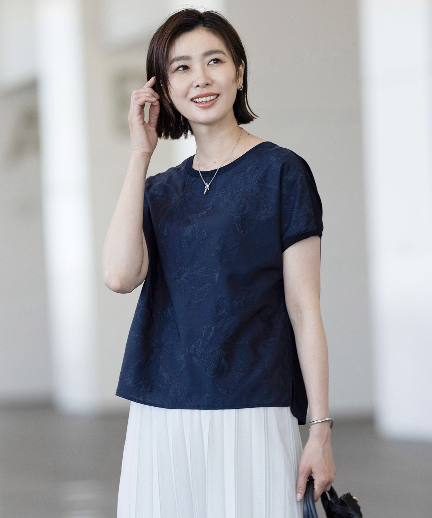 J.PRESS LADIES L 【洗える】シアーエンブロイダリー カットソー ジェイプレス トップス カットソー・Tシャツ ホワイト グレー ネイビー
