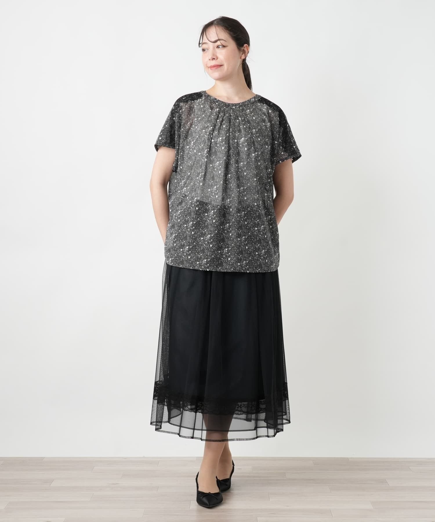 Leilian PLUS HOUSE 【店頭人気】レースドットブラウス【BOURGE】 レリアン プラスハウス トップス シャツ・ブラウス ブラック グレー