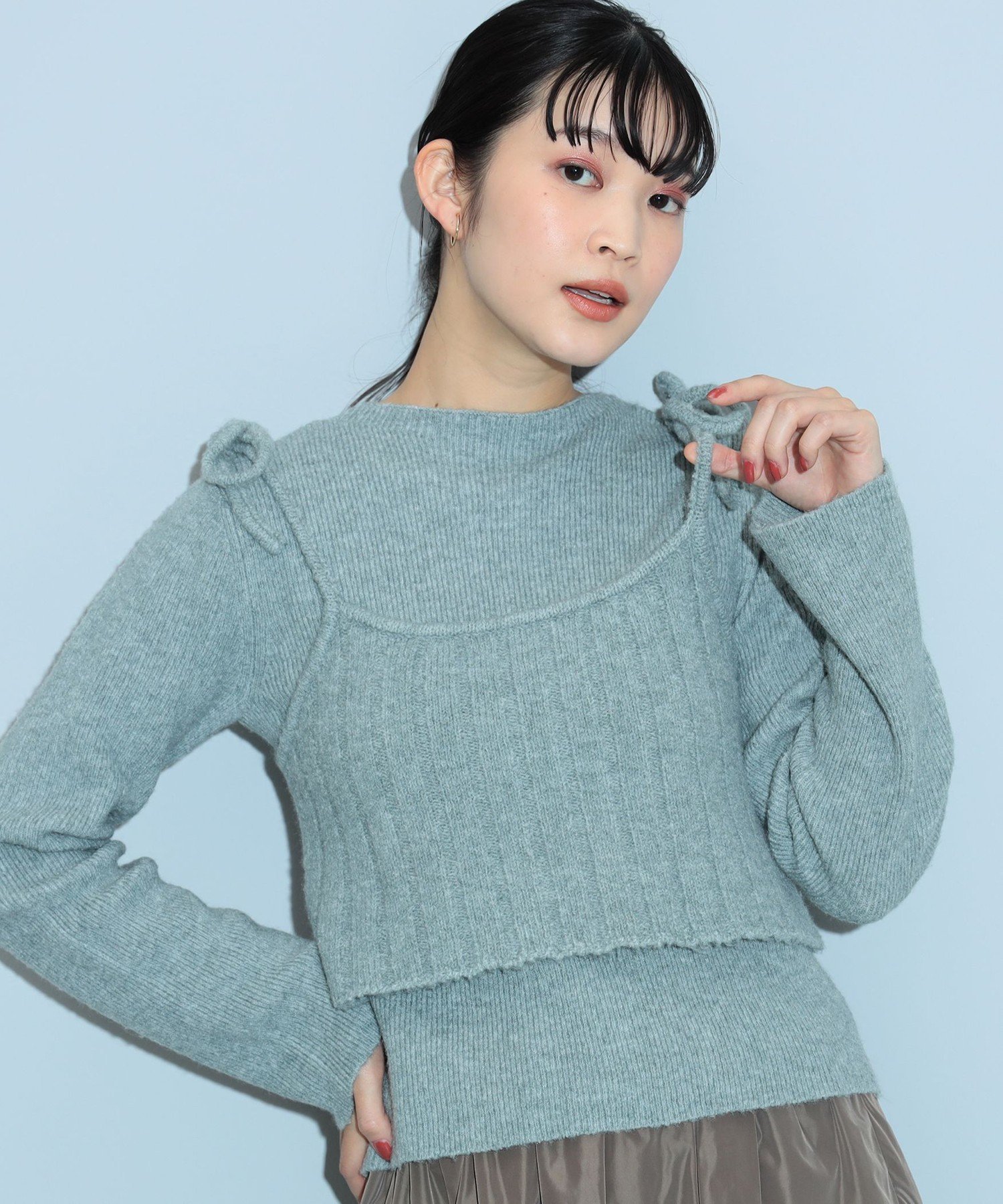 BEAMS HEART WOMEN リボンキャミベスト * プルオーバー(セットアイテム) 24AW ビームス ハート トップス ニット ベージュ ブルー【送料無料】