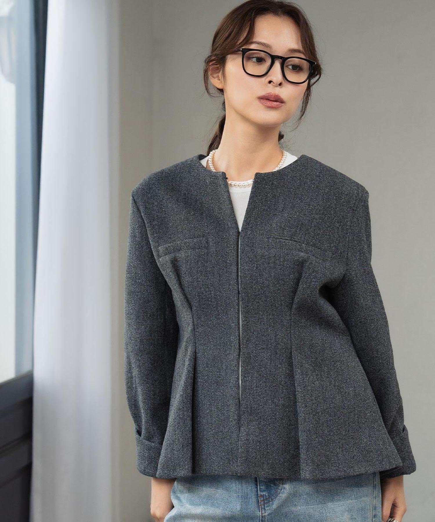 【SALE／20%OFF】ELFRANK ノーカラー ウエストタック ペプラム ジャケット リバーフィールド アンド コー ジャケット・アウター ノーカラージャケット グレー【送料無料】