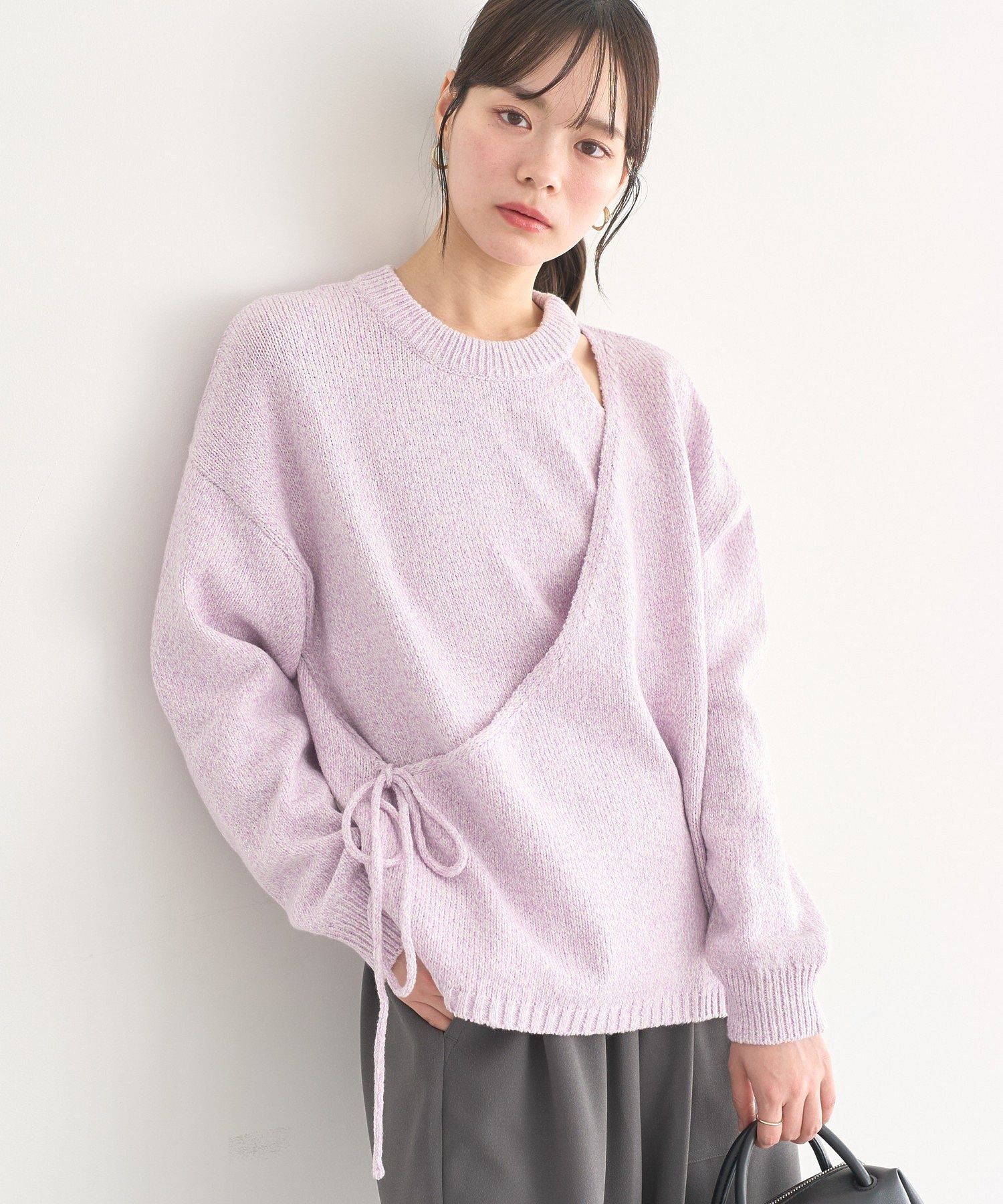 サイドリボンカシュクールニット アースミュージック&エコロジー トップス ニット グレー ブルー