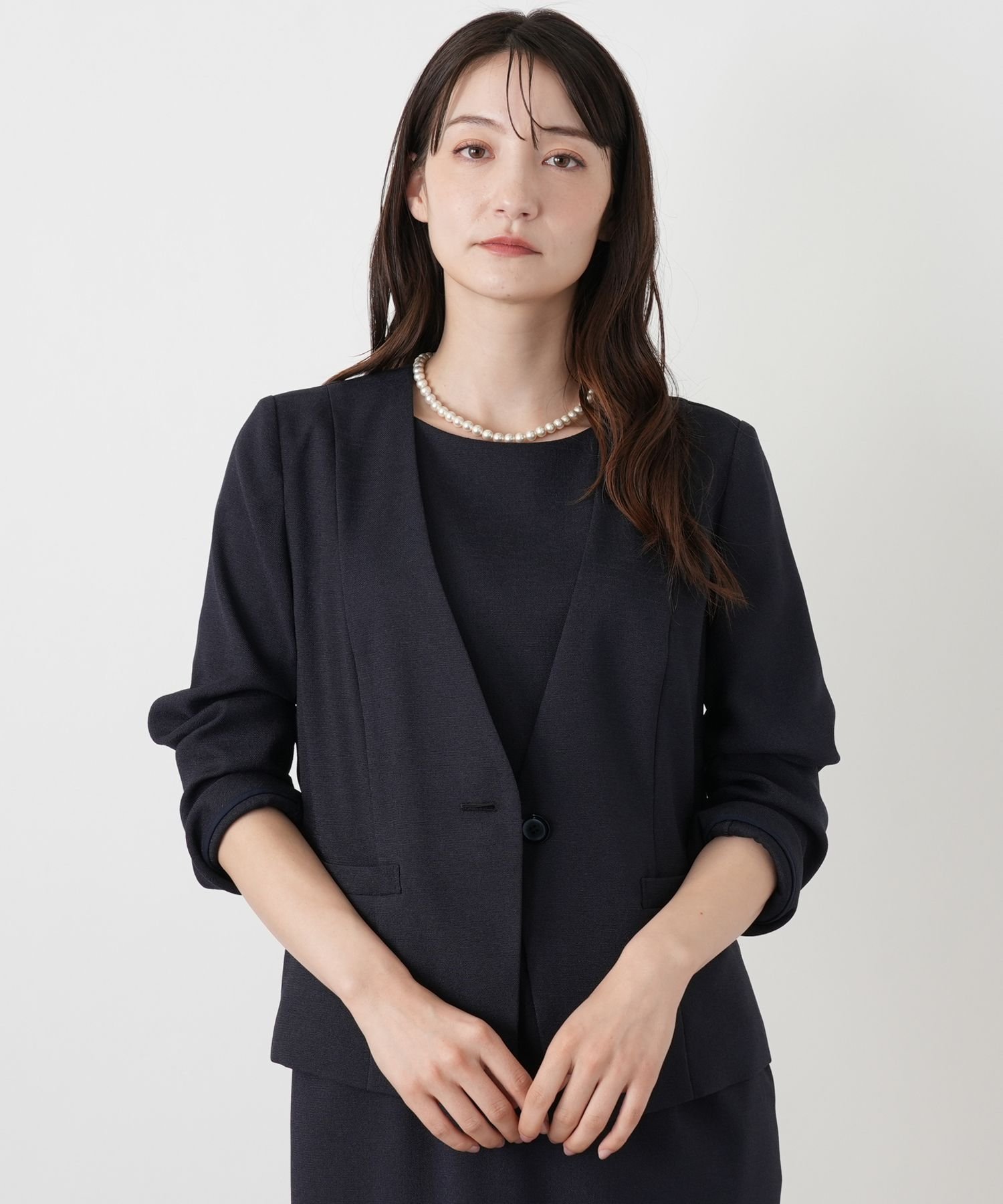 Leilian Vネックノーカラージャケット レリアン ジャケット・アウター テーラードジャケット・ブレザー ベージュ ネイビー