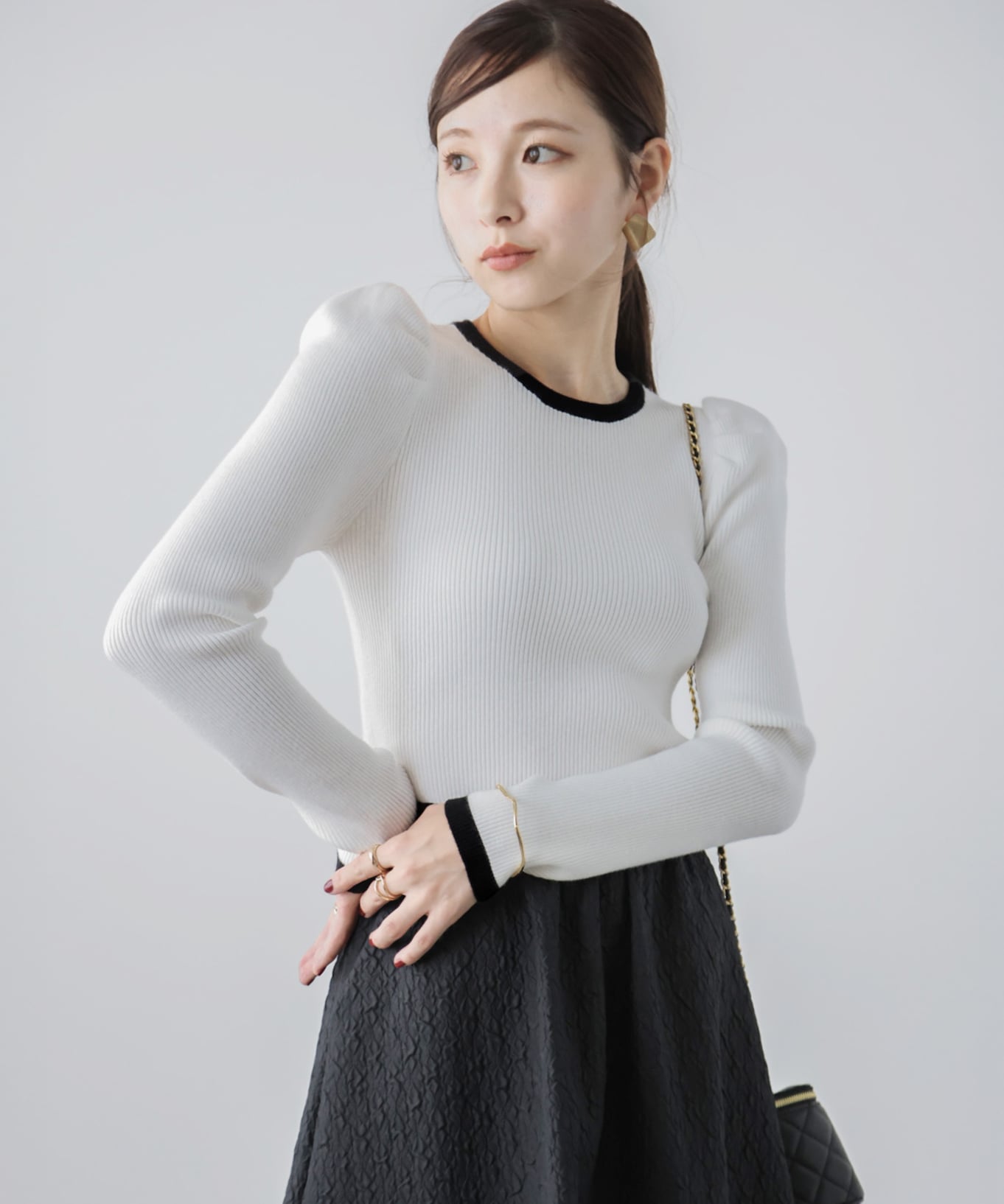 【SALE／39%OFF】La-gemme パフ袖リブニット ラジュール トップス ニット ブラック グレー ホワイト