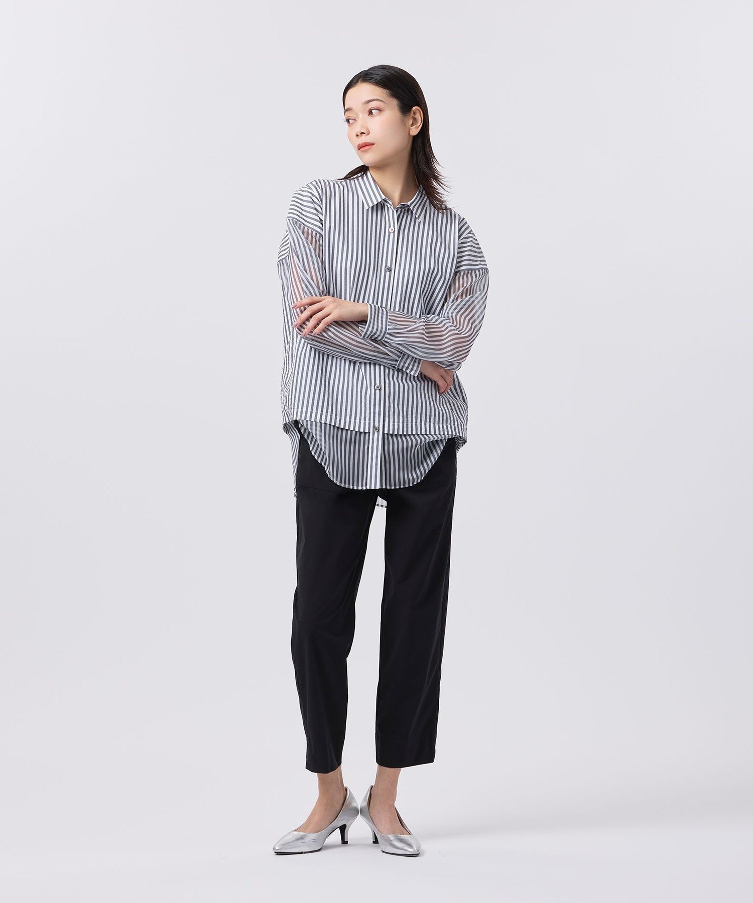 【L】【カタログ掲載品】【ウォッシャブル】シアーコンビストライプロングシャツ サンヨー エルサイズ トップス シャツ・ブラウス ブラウン