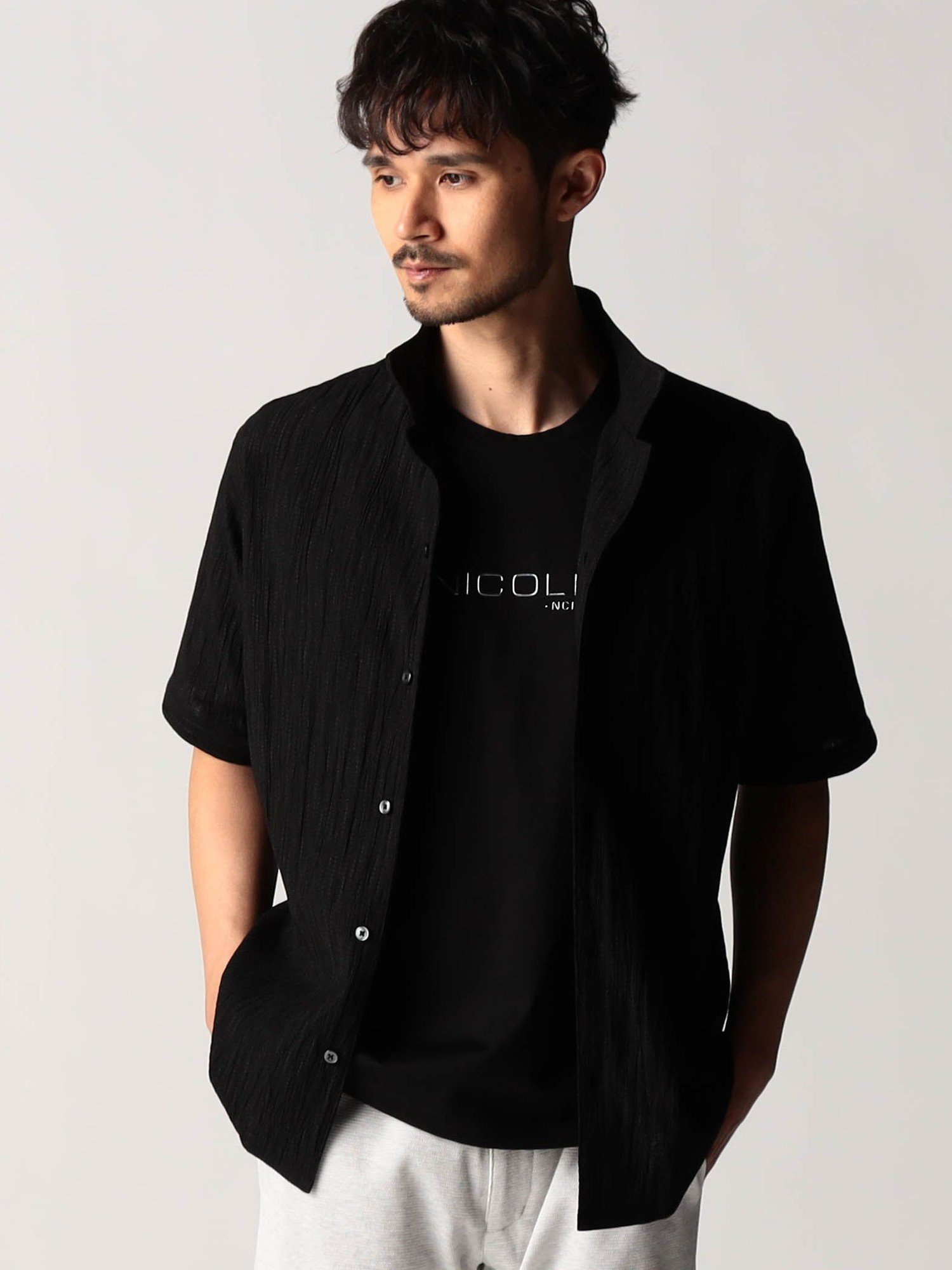 NICOLE CLUB FOR MEN エステルクレープ5分袖シャツ ニコル トップス シャツ・ブラウス ブラック グレー ブルー ネイビー