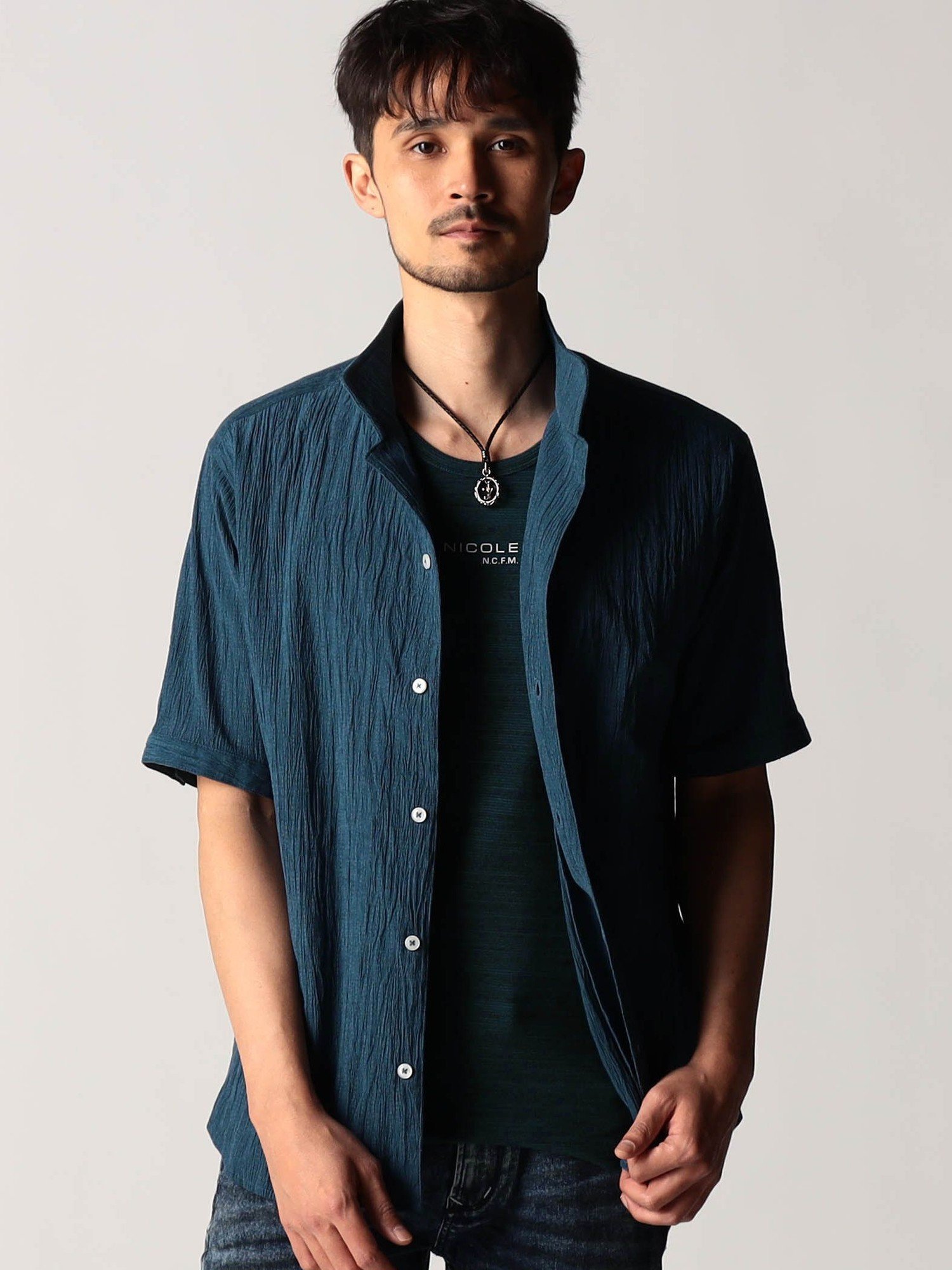 NICOLE CLUB FOR MEN エステルクレープ5分袖シャツ ニコル トップス シャツ・ブラウス ブラック グレー ブルー ネイビー